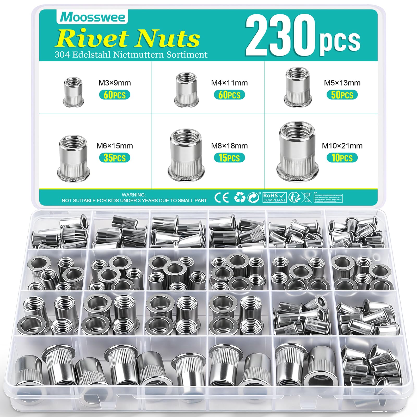 230 Stück Nietmuttern Set, Edelstahl 304 Blindnietmuttern M3 M4 M5 M6 M8 M10, Flachkopf Gewindenieten für Metallplatten, Geräte und industrielle Baumaterialien