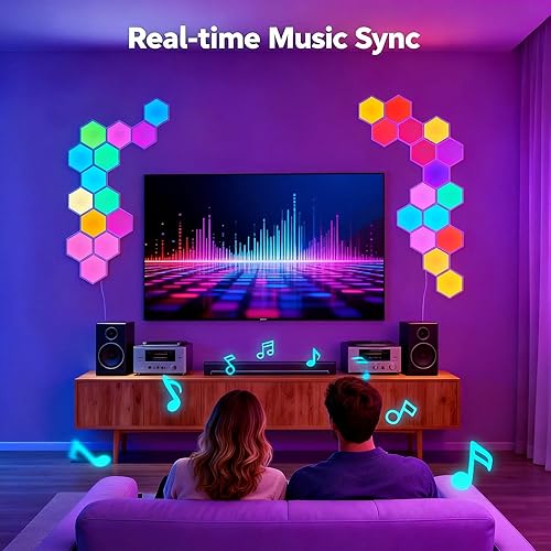Miniatura 6 de TISOFU Paneles de pared LED hexagonales, luces RGB para juegos con aplicación, panel modular inteligente, azulejos hexagonales con formas de