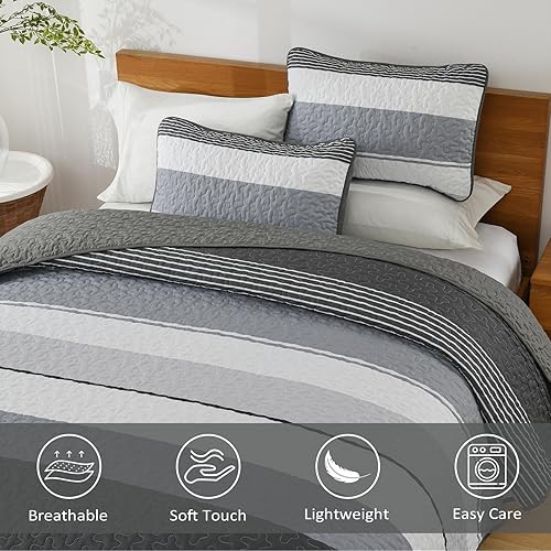 Vista 71 de Juego de edredón gris tamaño King, colcha de cultivo bohemio de otoño a rayas, juego de ropa de cama de microfibra bohemia de 3 piezas, colcha Gris