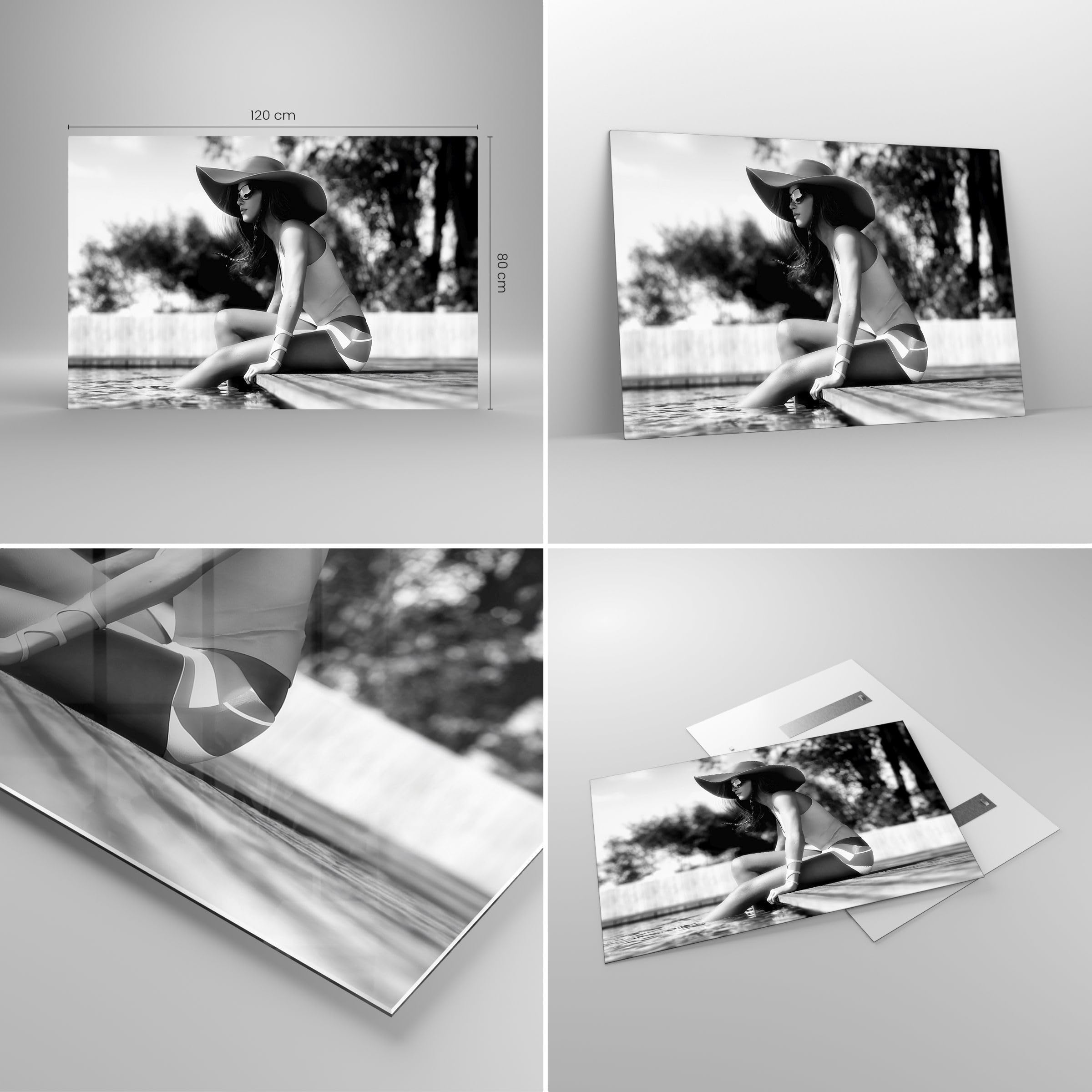 Tableau Déco Sur Verre ARTTOR 120x80cm - Femme, Chapeau, Piscine - Photo Noir Et Blanc