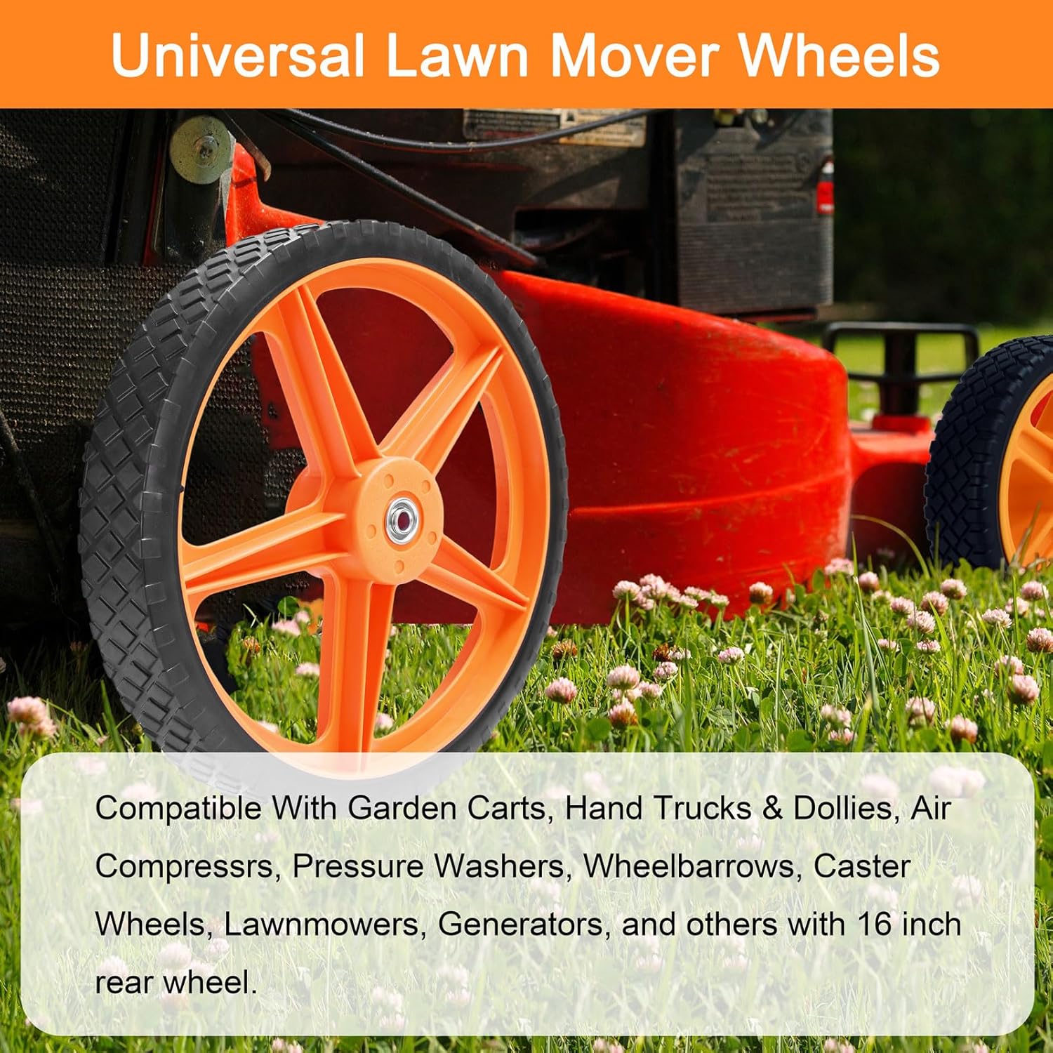 16" Lawn Mower Wheels, 16 x 1.75 Inch Spoked Plastic Wheels, 1/2" Bore, Heavy Duty Replacement Wheels for Push Lawn Mowers, Garden Carts, Yard Equipment And More (2 Pack)