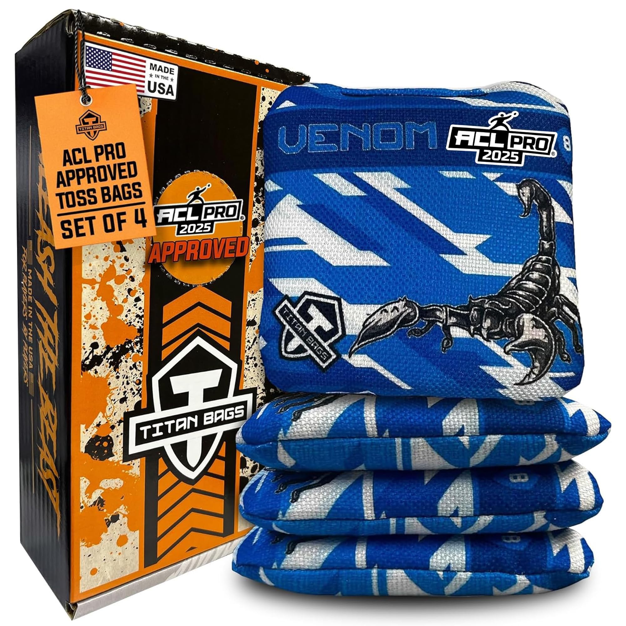 Titan Bags Venom Cornhole Bags - 6" x 6" ACL PRO Approved Cornhole Bean Bags for Tournaments - Versatile & Durable Regulation Cornhole Bags Ideal for Indoor/Outdoor Toss Sports & Games (4 Pack)