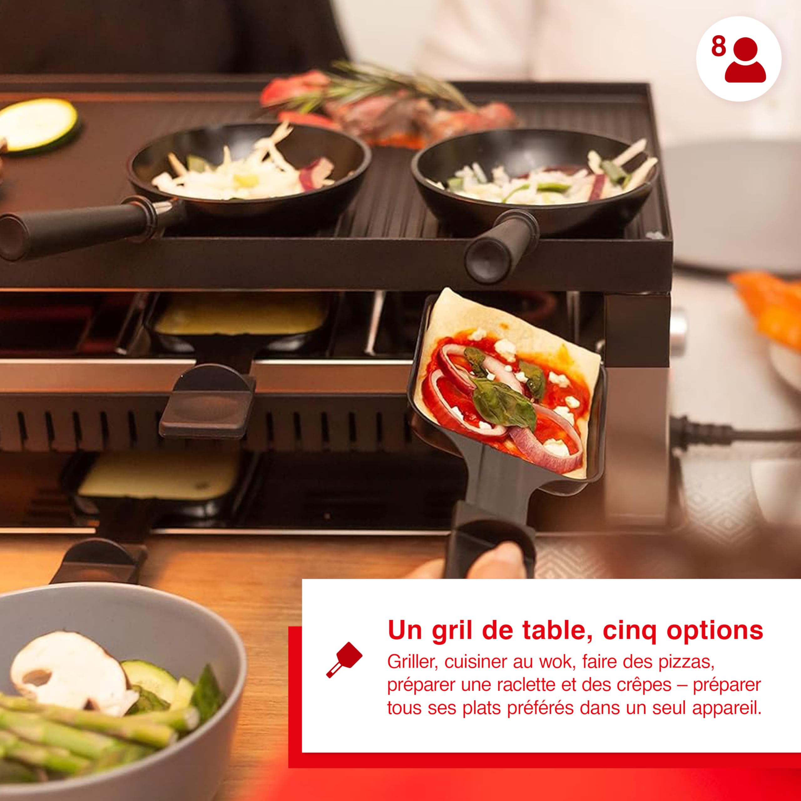Solis Table Grill 791 5 en 1 Appareil à raclette pour 8 personnes – Raclette + grill de table + wok + grill à pizza + crêpes – Barbecue électrique – 1400 W – Acier inoxydable