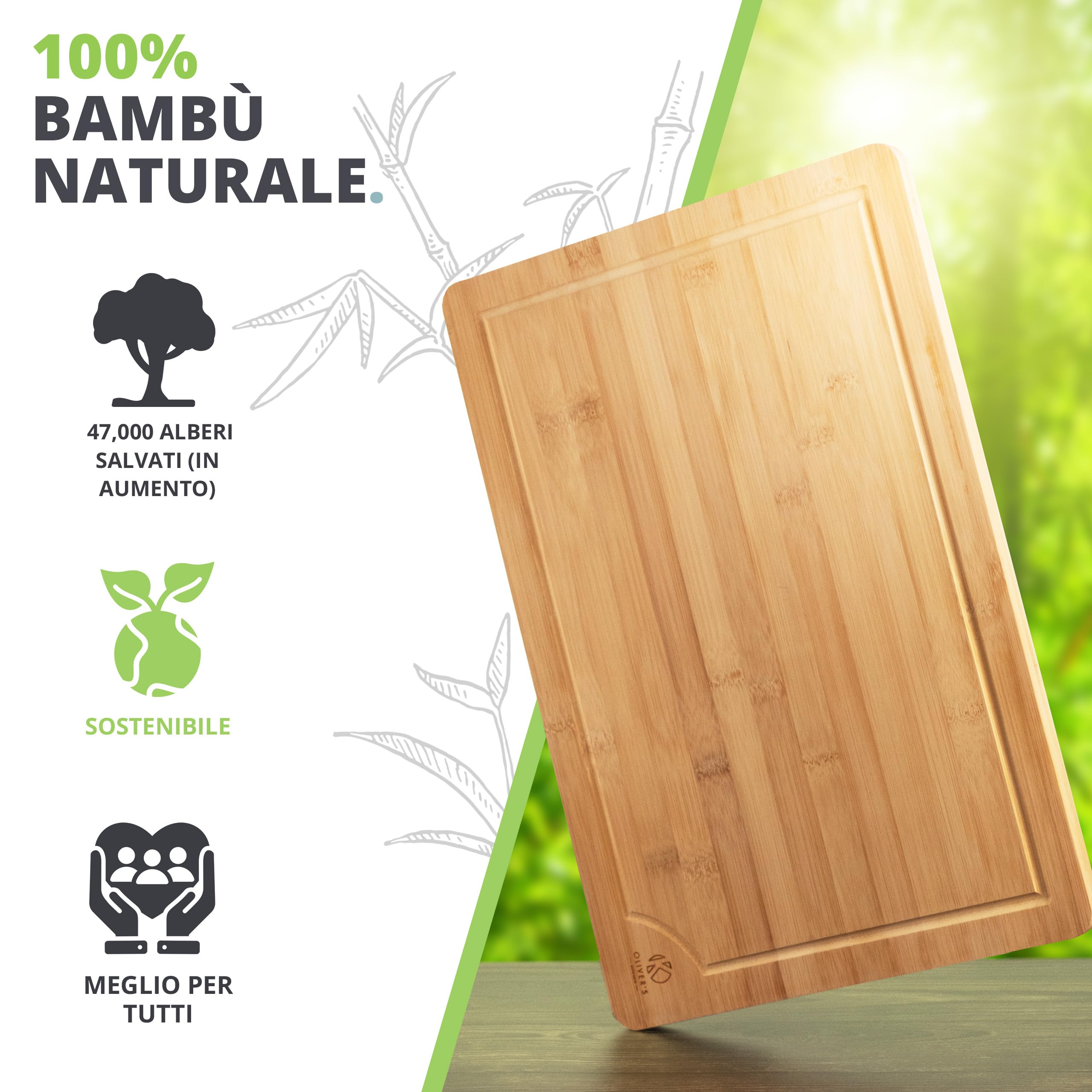 Tagliere da Cucina Grande in legno 100% bio Oliver's Kitchen – 45 x 30 x 3 cm – Tagliere in Legno Reversibile – Resistente, Durevole ed Elegante – Facile da Pulire - Con Scanalatura Anti-goccia