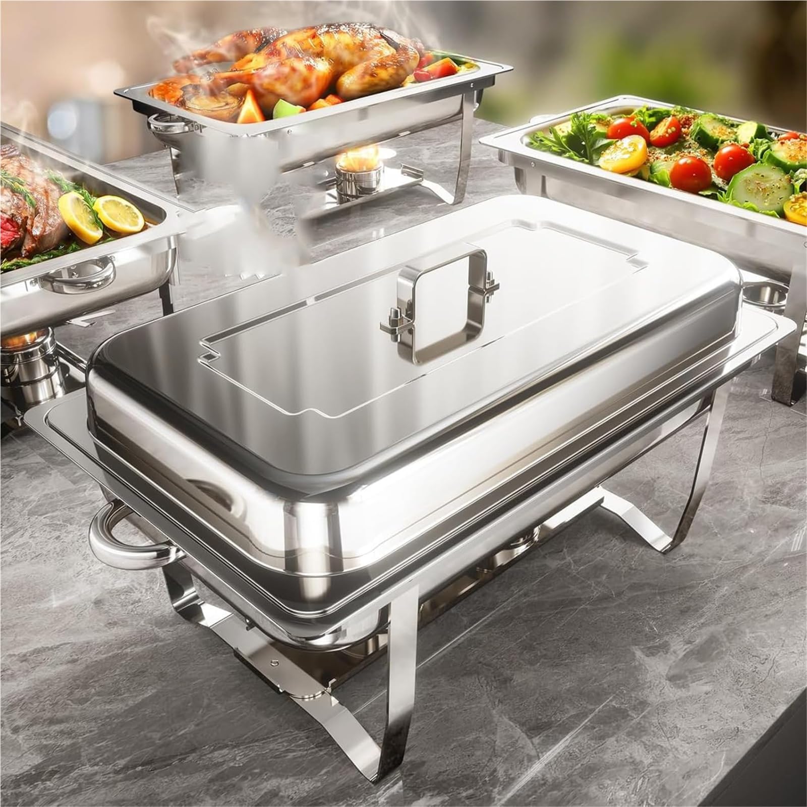 9l Acciaio Inossidabile Chafing Dish Rettangolo Food Warmer Buffet Server Piatti di Servizio, Chafing Dish Catering Buffet Set, 9L Acciaio Inox Rettangolari Catering Server, per Party, Feste, Matrimo