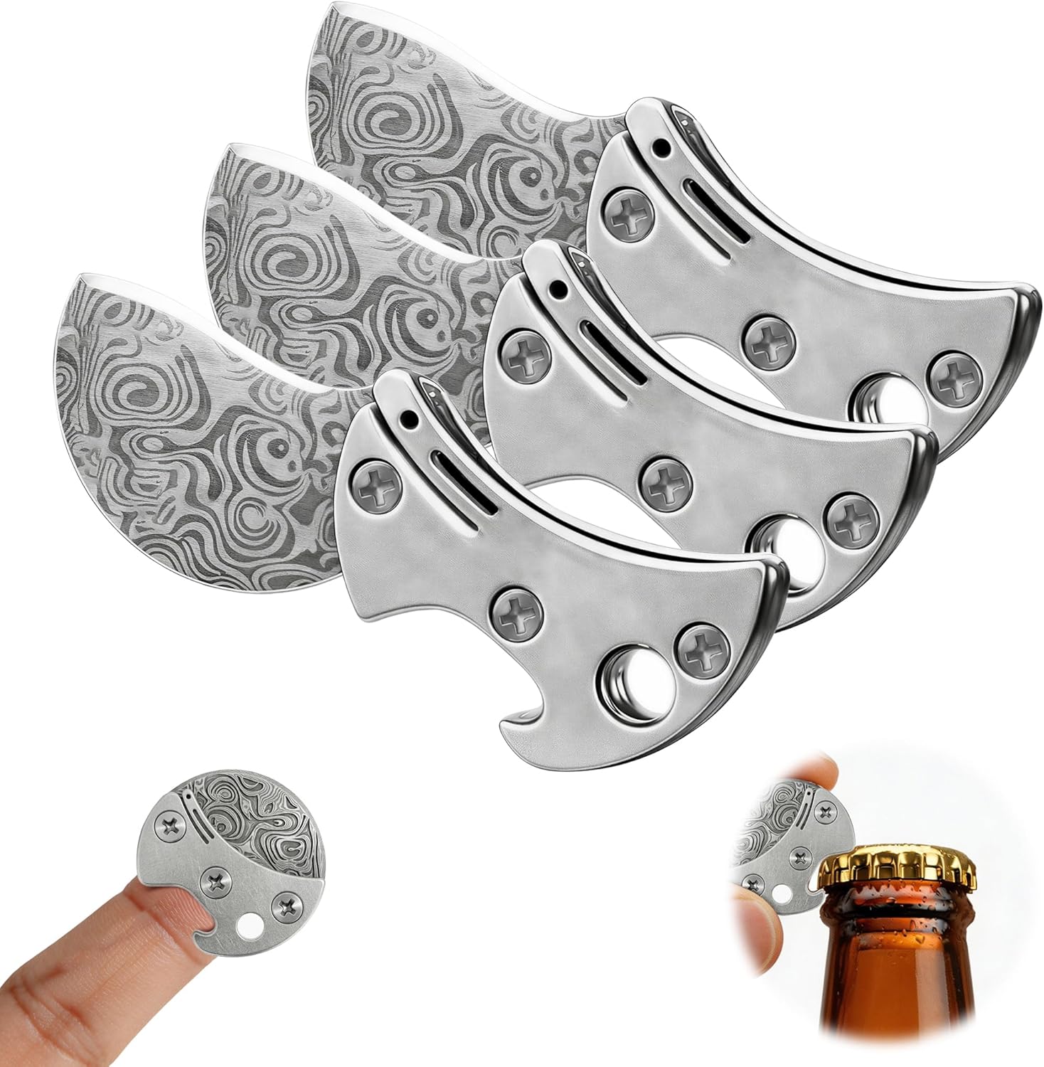 Mini Coin Keychain Tool: Titanium Compact Bottle Opener & EDC Cutter 3 PCS - Damascus Steel Pocket Tool Portable for Packages Camping BBQ - Unique Gift for Men