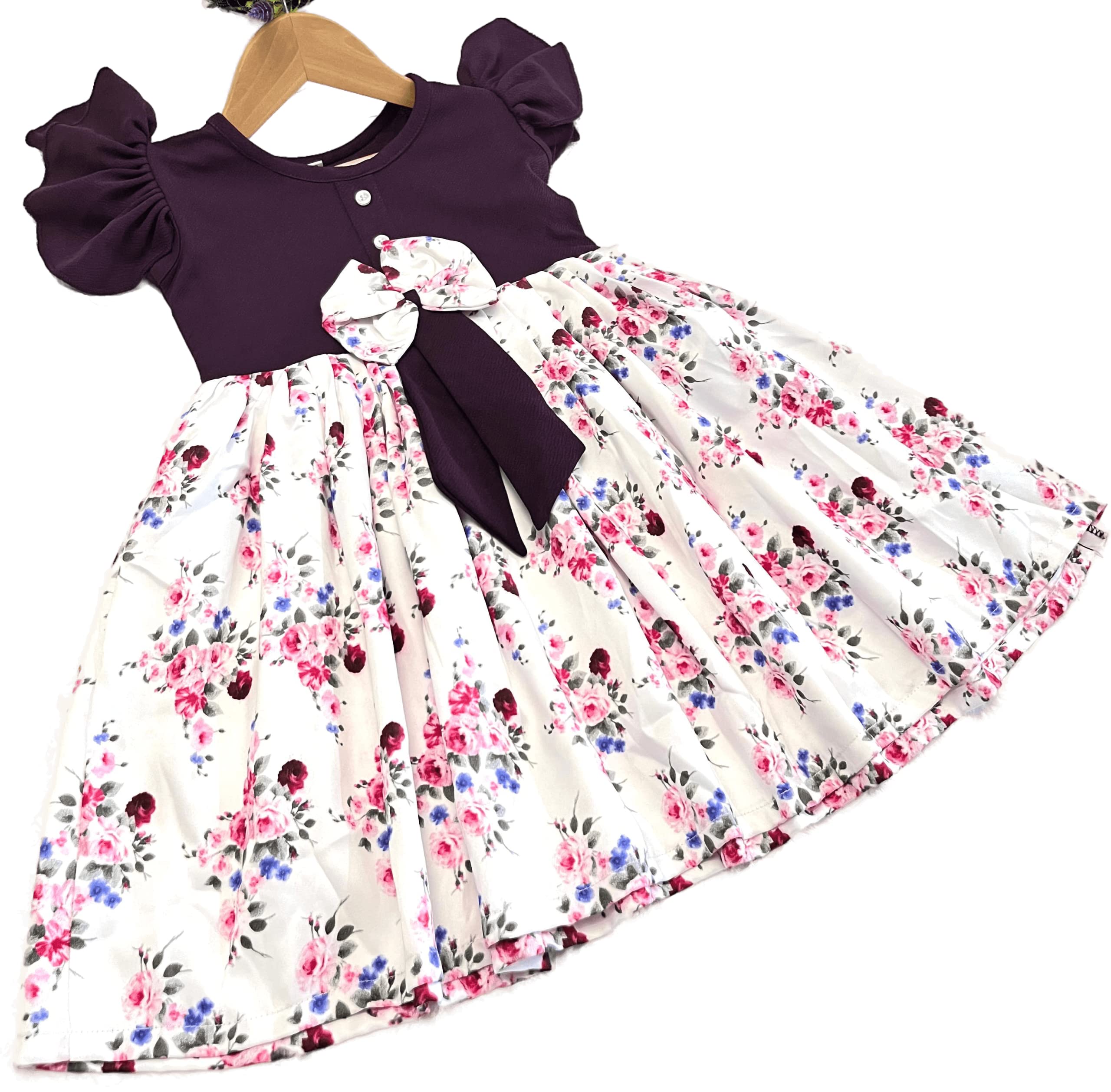 TAGAS Toddler Girls Floral Print Ruffle Trim Belted Dress (2-3 Years, Purple)