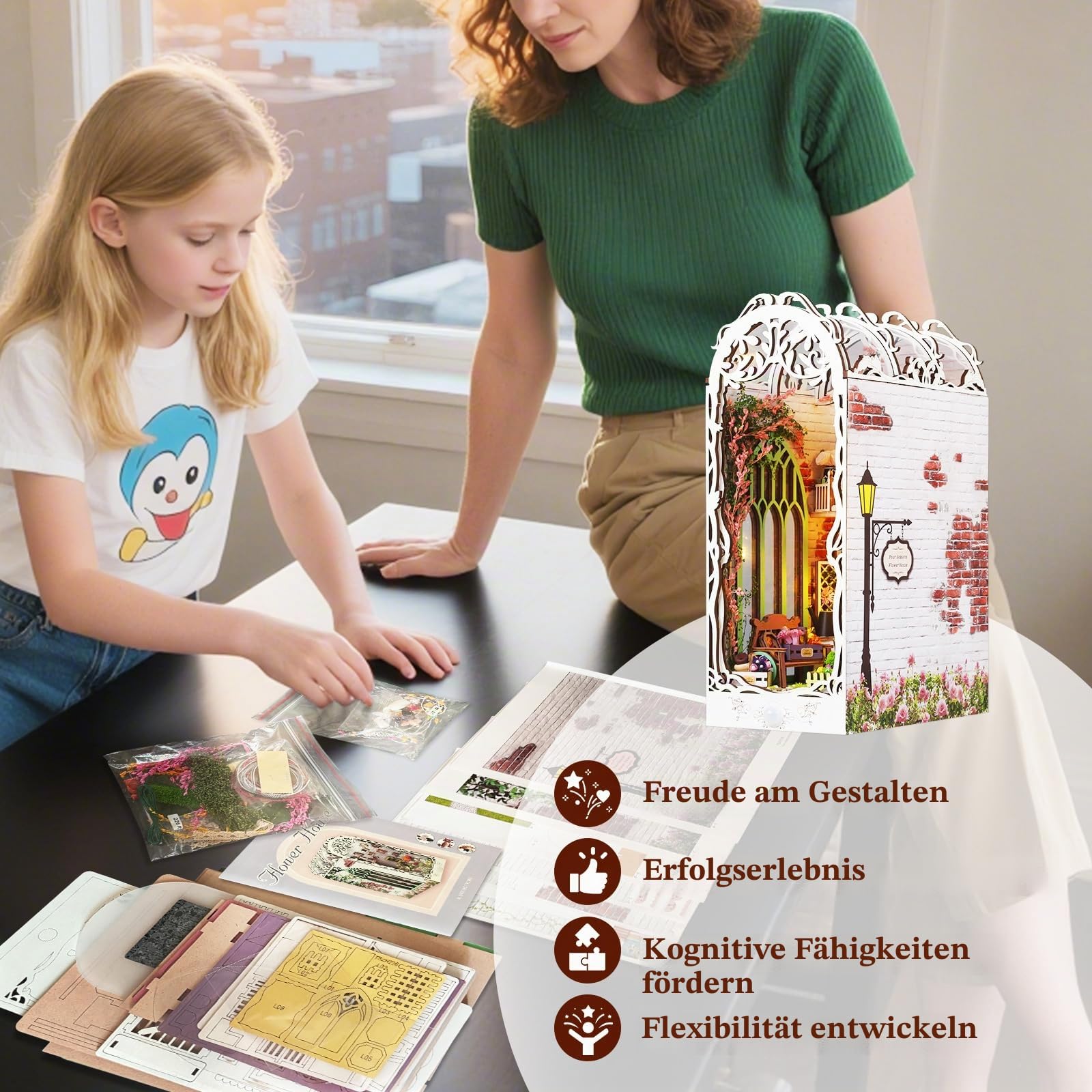 DIY Book Nook Kit - DIY Miniatur Holz Haus für Erwachsene mit LED, Bücherregal Dekoration 3D Puzzle Buchstützen aus Holz Erwachsene Booknook Geschenken für Frauen(Gartenhaus)