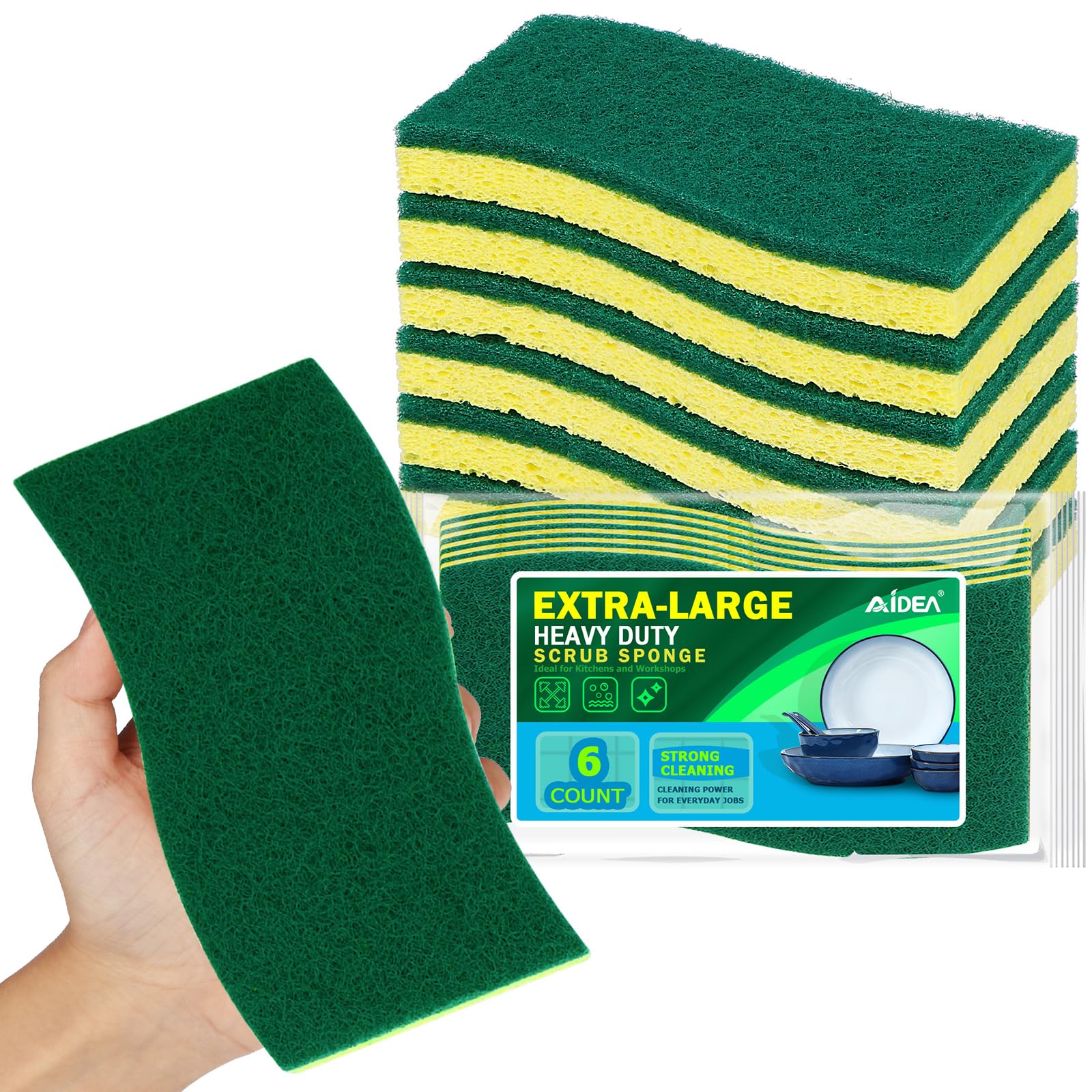 AIDEA XL Scrub Sponges 6Count Heavy Duty Sponges for Dishes Extra Large Sponge for Cleaning Kitchen and Household