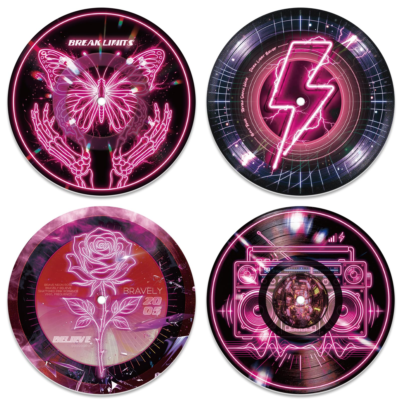 DOODLREAM 4Pcs Pink Neon Style Vinyl Record Wall Decor 30 x 30 cm