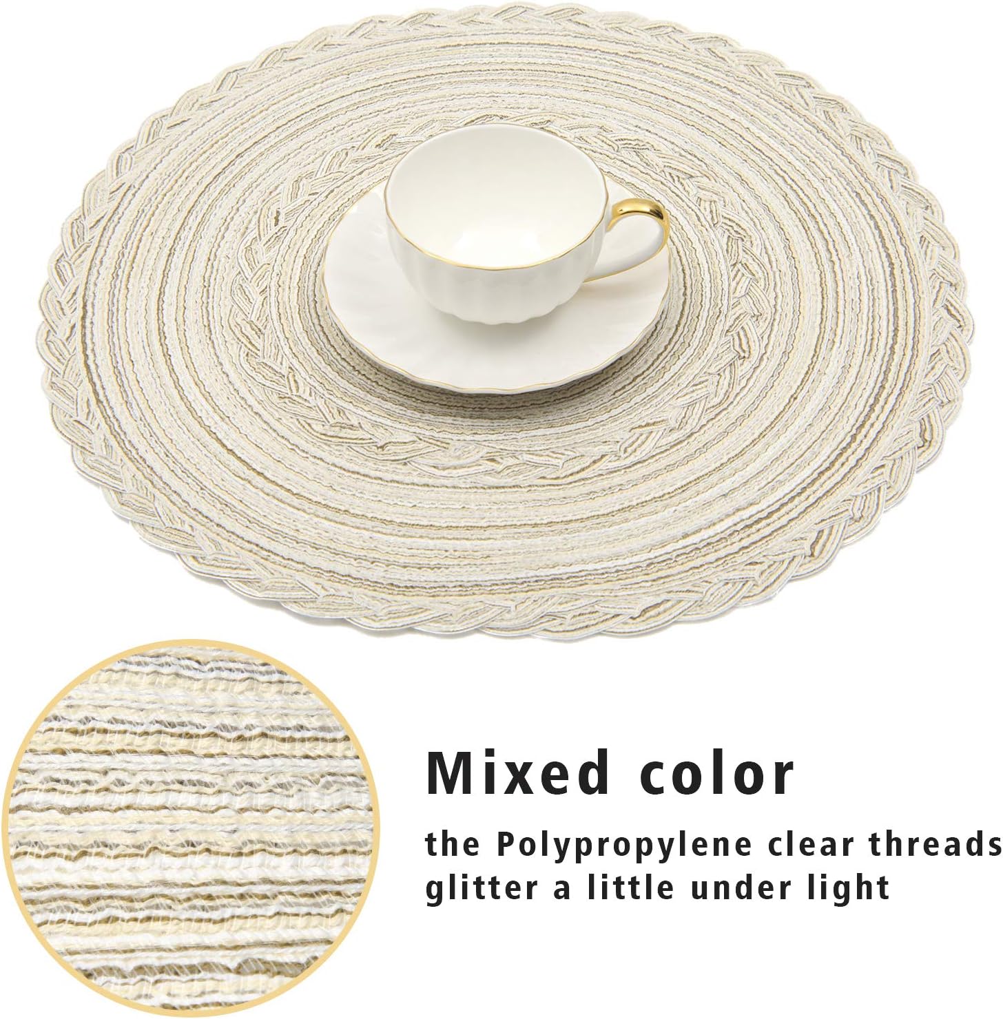 SHACOS Boho Round Placemats Set of 8 Braided Border Round Place Mats 15 inch Washable Dining Table Mats for Home Wedding Holiday Party (Ivory Bordered, 8)