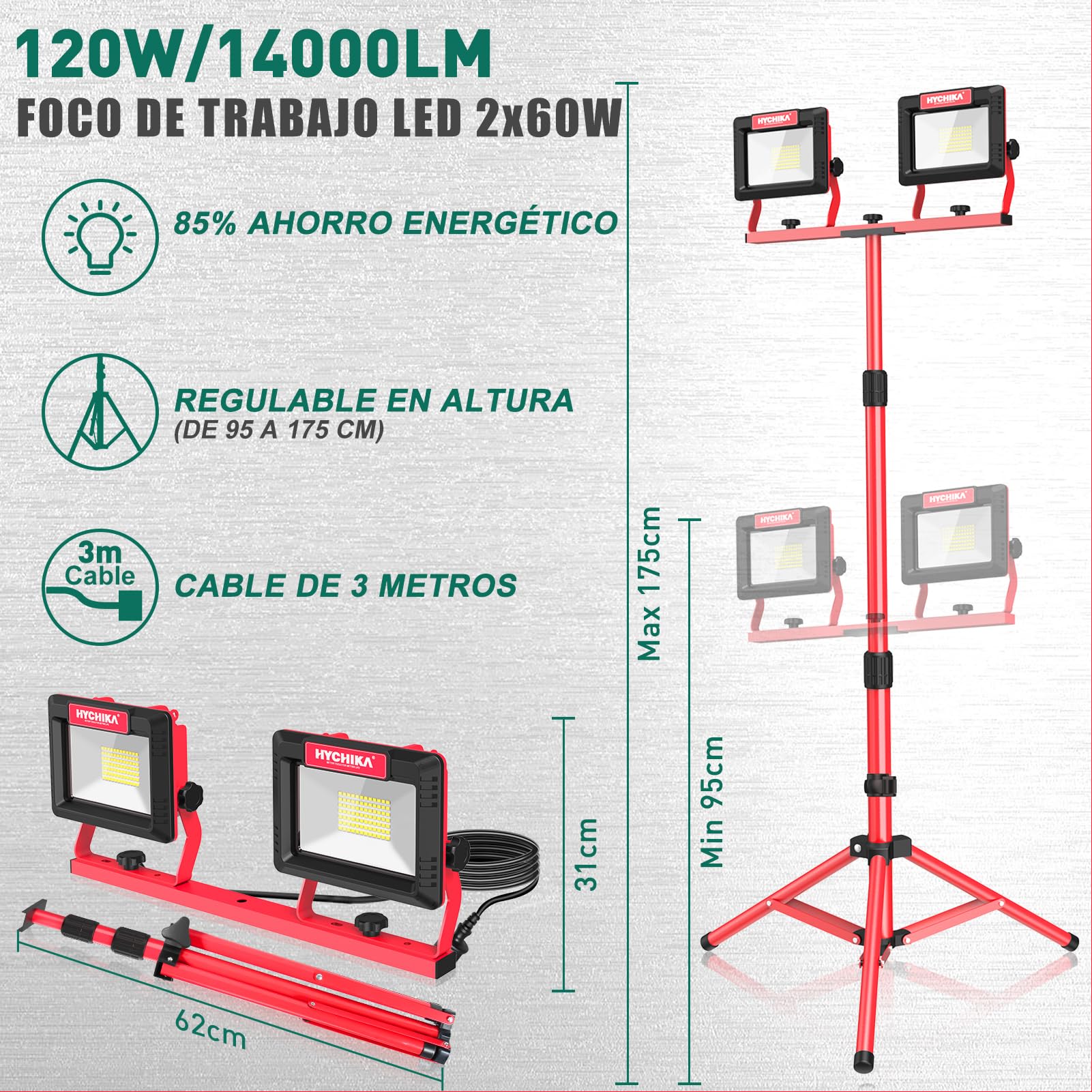 Foco de Trabajo 120W, HYCHIKA Foco de Construcción con 2x60W, 14000LM, Foco LED para Obras con Trípode Telescópico
