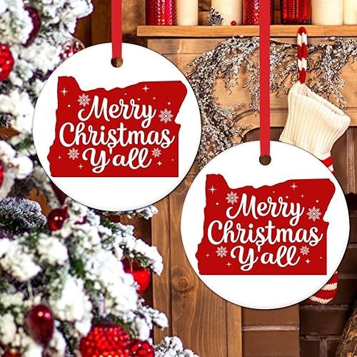 Miniatura 7 de Oregon Adornos para árbol de Navidad, Feliz Navidad, decoraciones de Navidad para árbol de EE. UU., adornos redondos de cerámica para decoraciones