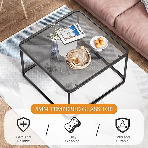 Miniatura 7 de Mesa de centro de cristal, mesas cuadradas minimalistas para sala de estar, mesa central moderna para oficina o espacio pequeño, marco de metal