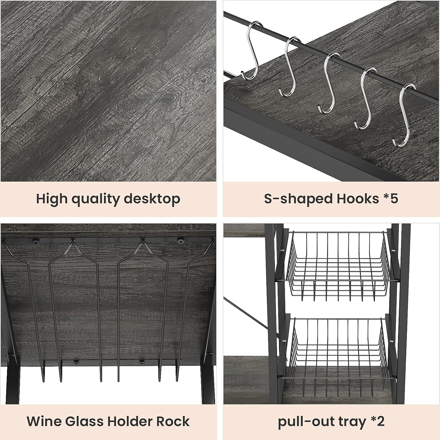 Ecoprsio Bakers Rack, Utility Microwave Stands Storage for Spice, 4-Tier+3-Tier Coffee Bar Cabinet with Wine Glass Holder, 5 Hooks, Oak