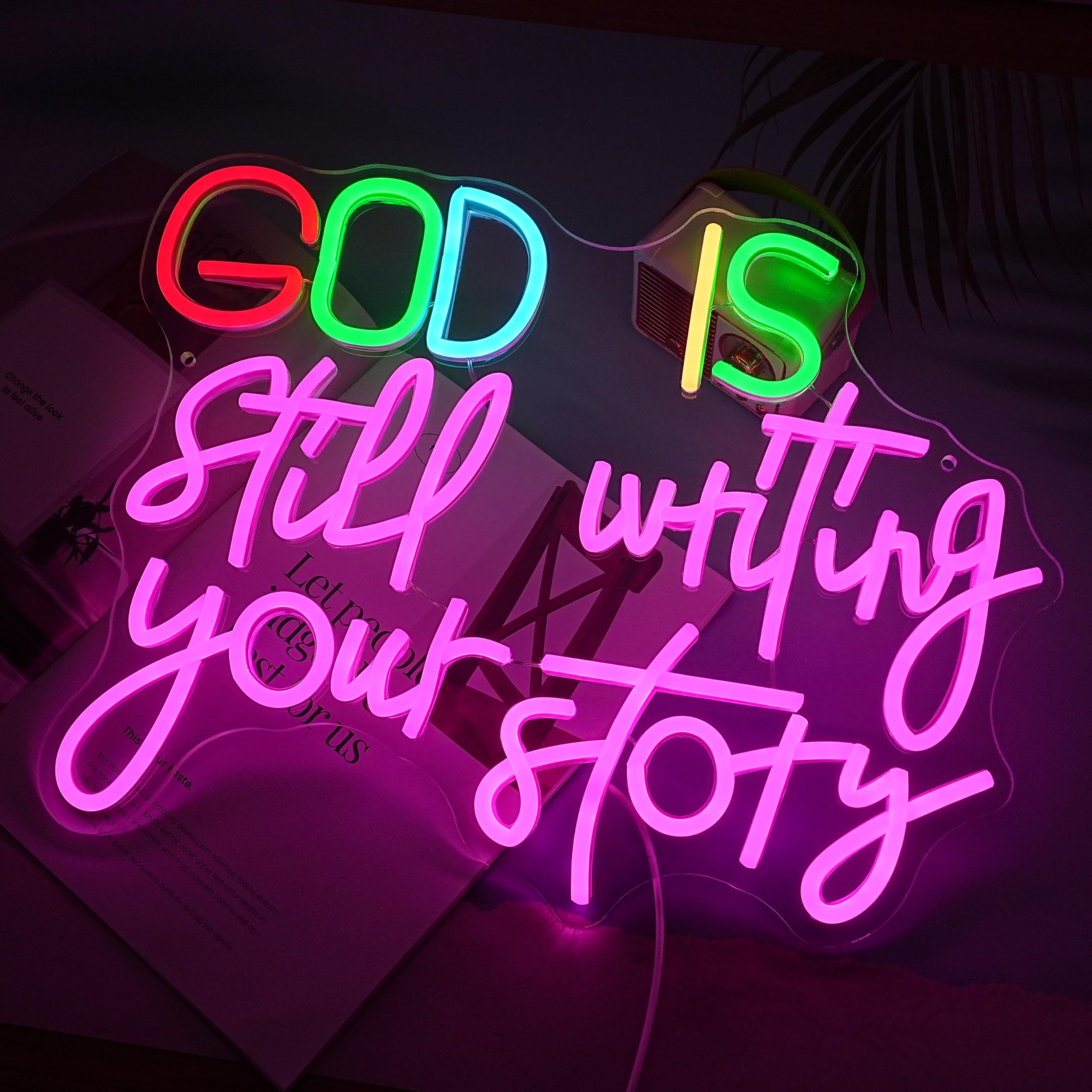 LISIGNVE Insegna al neon con scritta in lingua inglese "God Is Still Writing Your Story" alimentata tramite USB, decorazione da parete, dimmerabile, luce al neon a LED, per chiesa, camera da letto