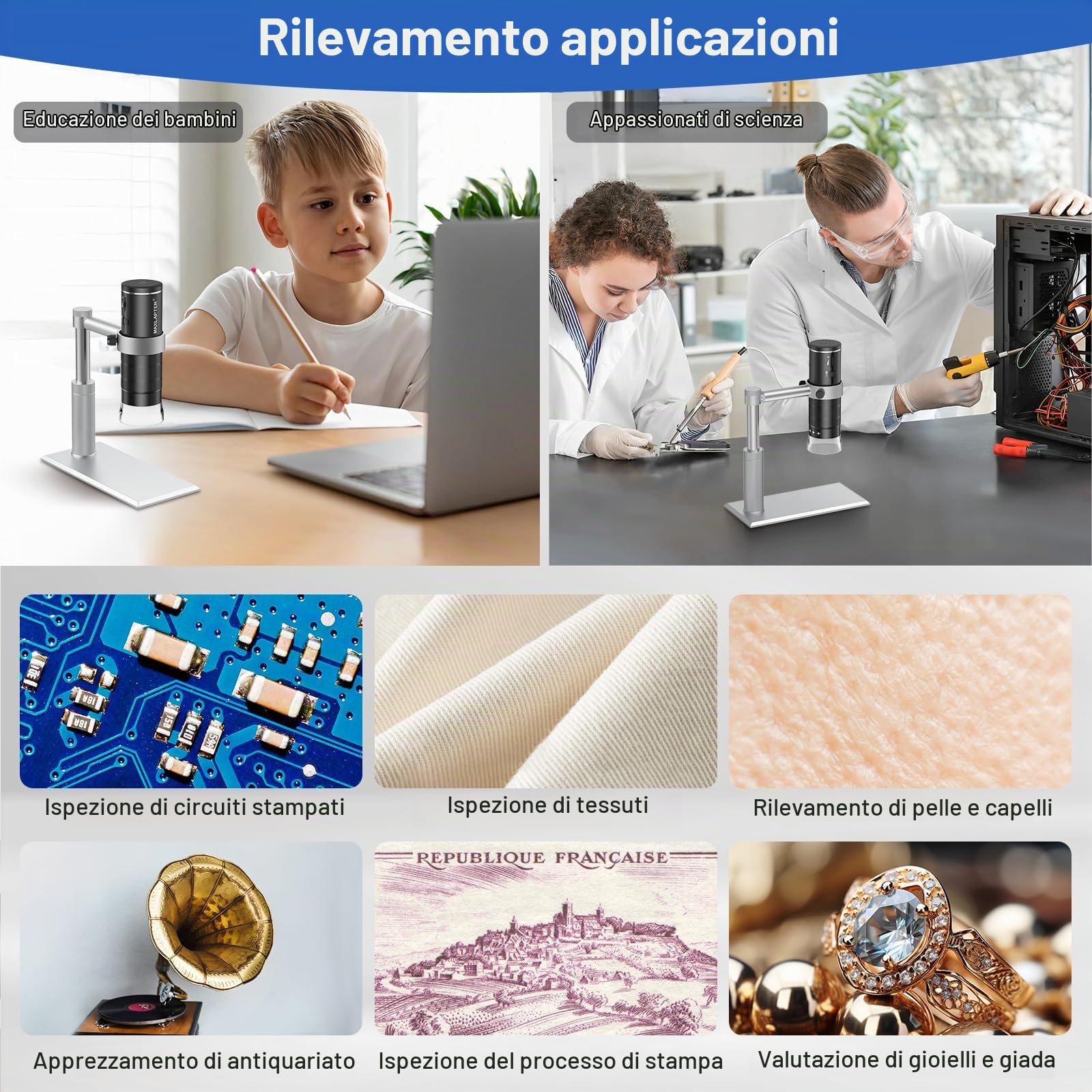 MAXLAPTER Microscopio Digitale WiFi 50X-1000X per Adulti e Bambini, Portatile Microscopio USB con Supporto Metallo, Compatibile con iPhone iPad Android Windows Mac