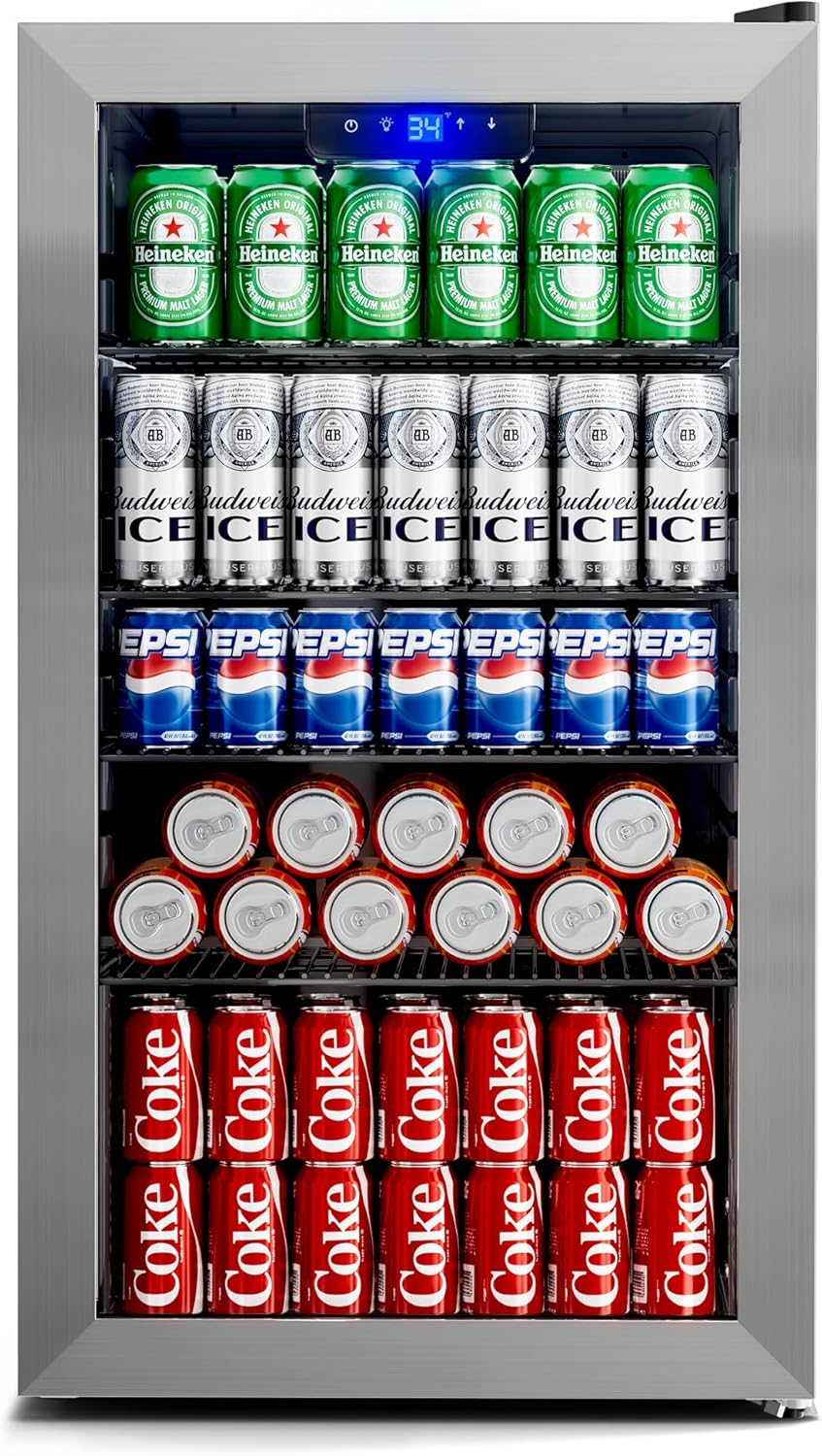 Manastin 130 Can Beverage Refrigerator, 3.2 Cu.ft Mini Fridge with Glass Door for Drink, Beer, Wine, LED Light, 34-64℉, Adjustable Removable Shelves, Beverage Cooler for Bedroom, Office, Bar-Silver