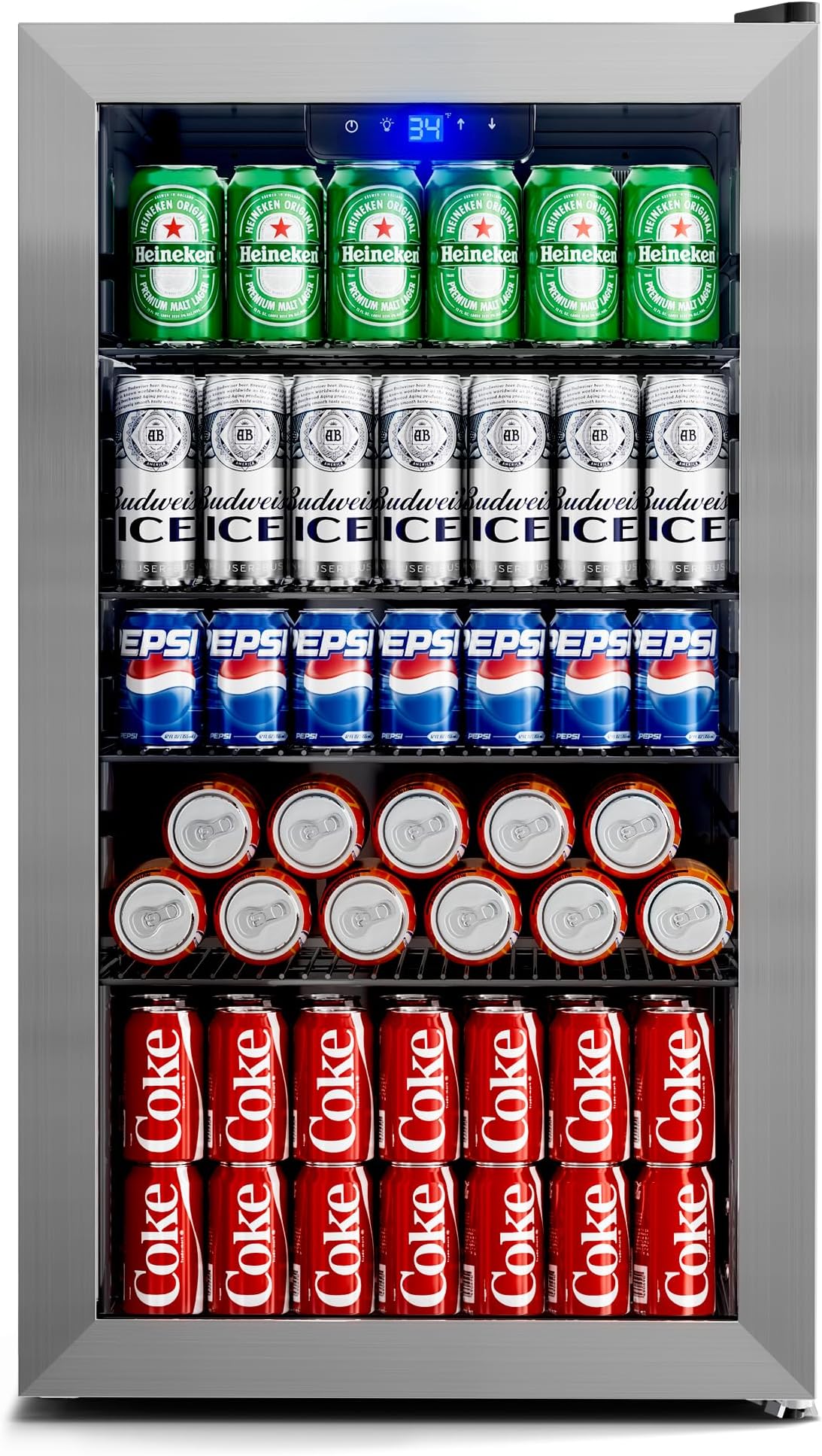 130 Can Beverage Refrigerator, 3.2 Cu.ft Mini Fridge with Glass Door for Drink, Beer, Wine, LED Light, 34-64℉, Adjustable Removable Shelves, Beverage Cooler for Bedroom, Office, Bar-Silver