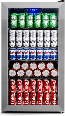 Manastin 130 Can Beverage Refrigerator, 3.2 Cu.ft Mini Fridge with Glass Door, Adjustable Shelves, LED Light, 34-64°F, Silver