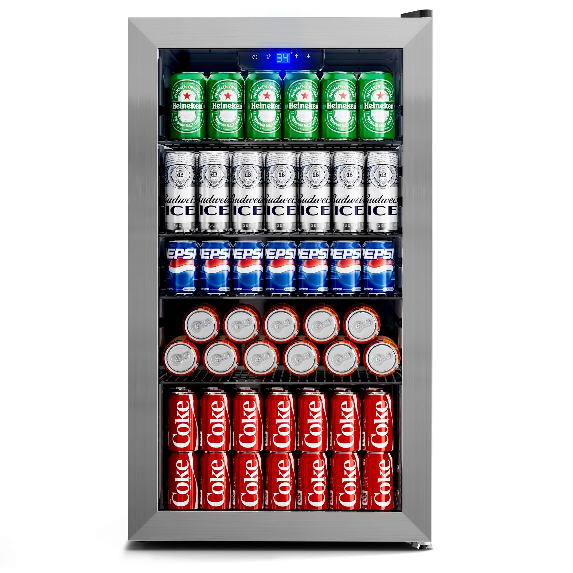 Manastin silver beverage refrigerator with glass door and metallic finish