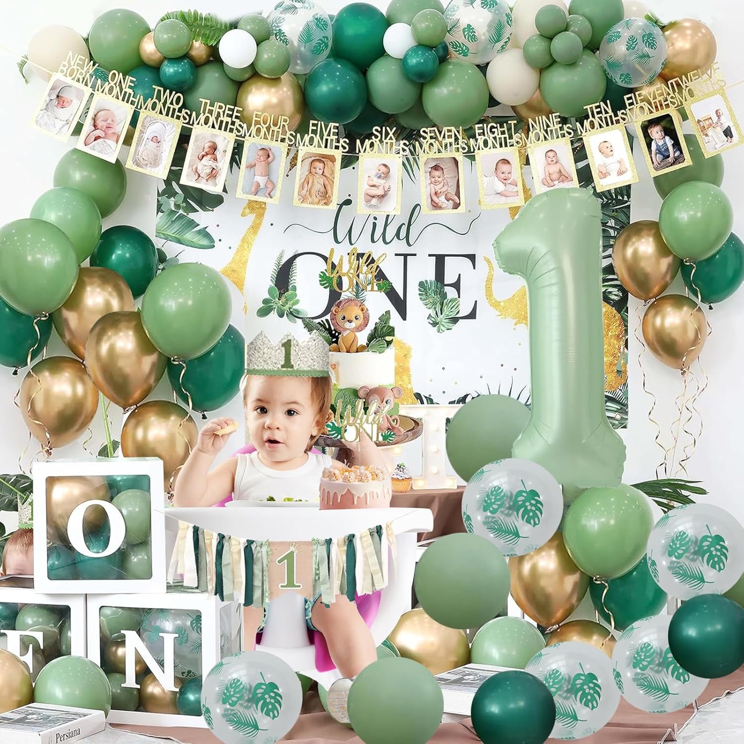 Wild One Jungle Theme Birthday Decorations Kit for Boys, Palm Leaf Balloon Garland, Boxes, Party Supplies