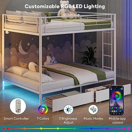 Miniatura 6 de Litera de Metal Completa sobre Completa con Luces LED, Estación de Carga USB, 2 Cajones, Rieles de Protección y Escalera  No Necesita Somier, Fácil