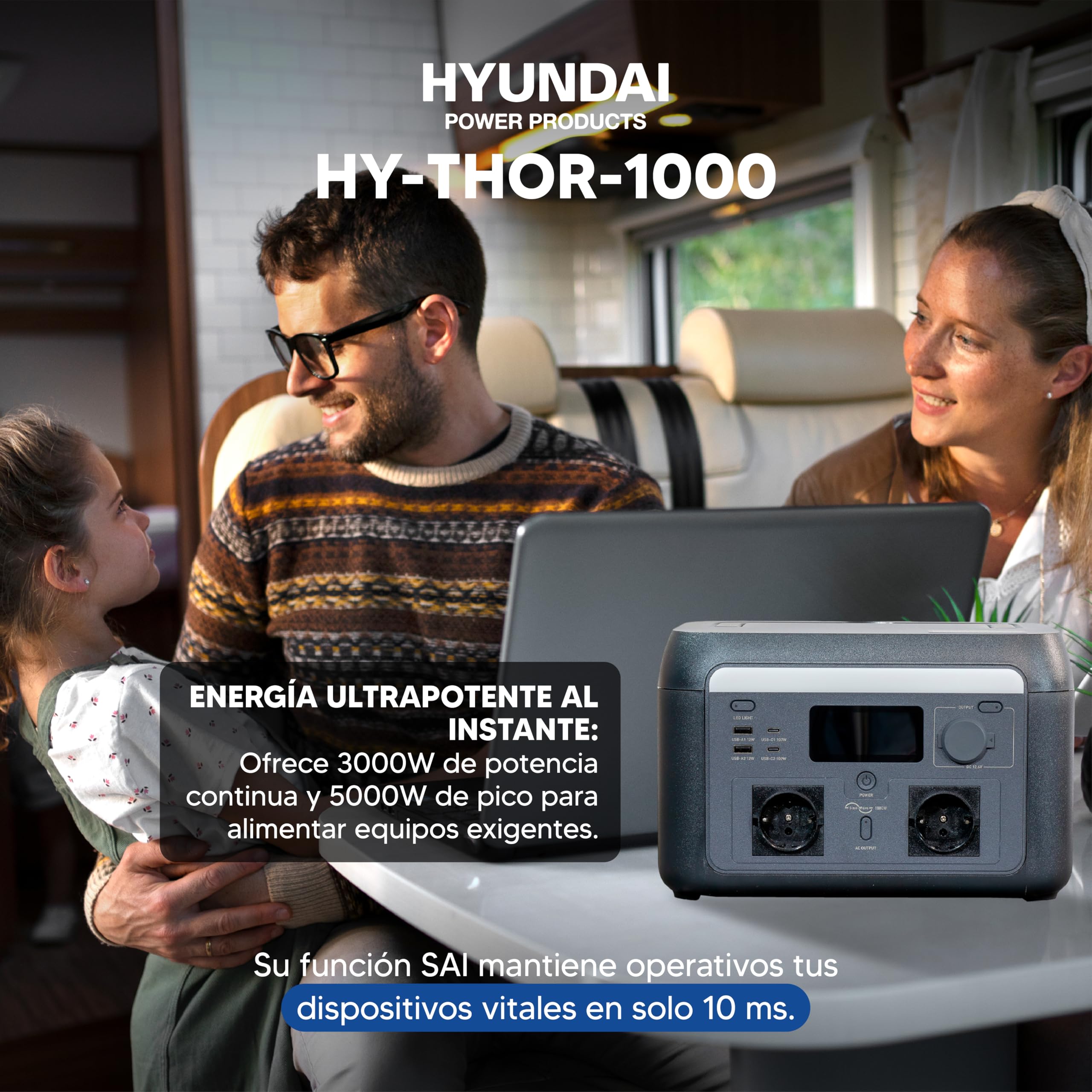 HYUNDAI Estación de Energía Portátil 1000W con Carga Rápida - Power Station con App para Control Inteligente - Generador Solar con SAI para Emergencias - Batería LiFePO4 Ligera y Duradera