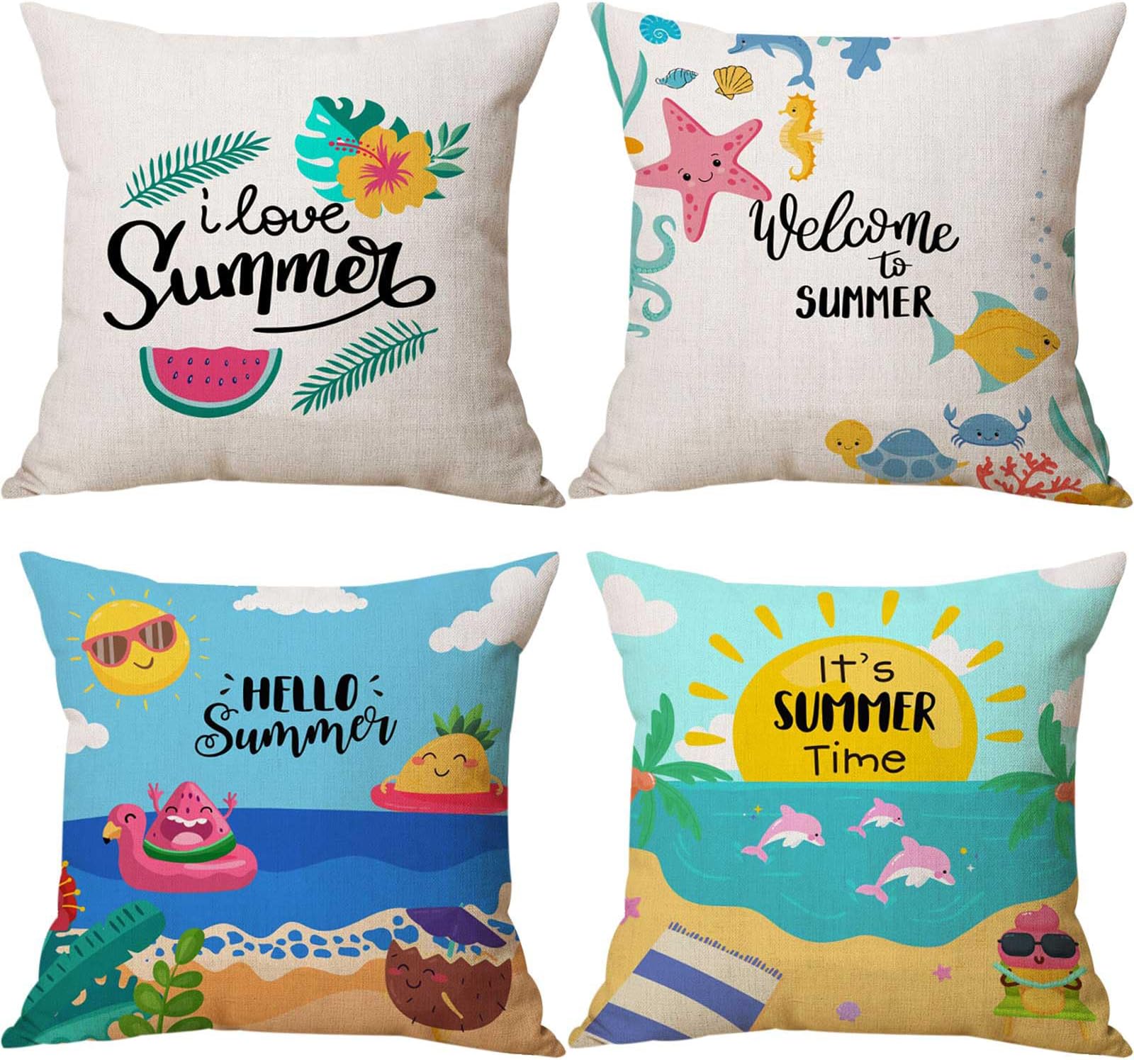 LYNKOCushion Covers 45 x 45cm,Set of 4 Linen Pillow Covers Spring Summer Decorations Green Plants Beach for Sofa, Outdoor Garden, Bed, Couch, Car