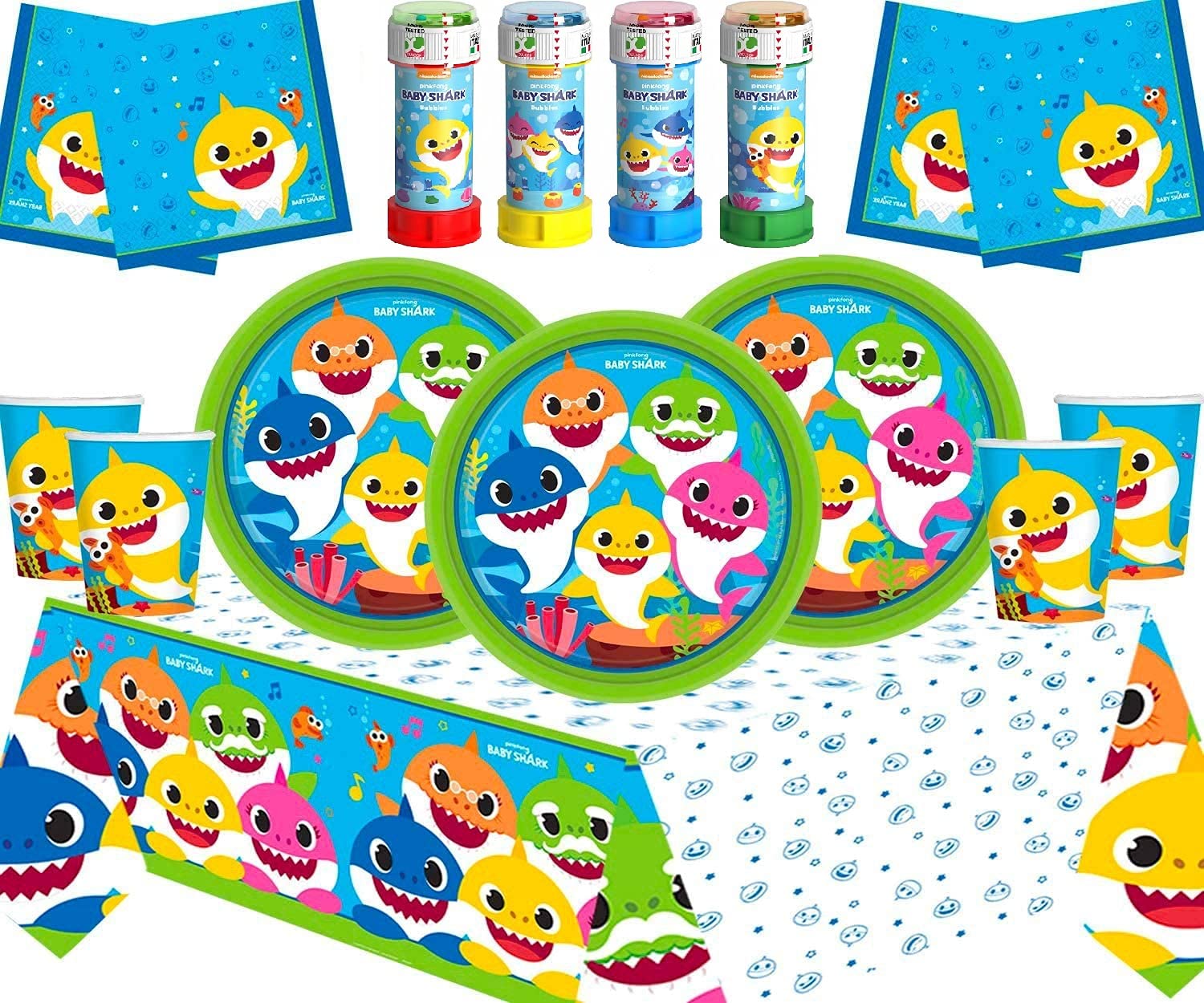 Zeus Party Kit coordinato per Feste Compleanno Baby Shark Piatti, Bicchieri, Tovaglioli e Tovaglia + Bolle di Sapone (16)