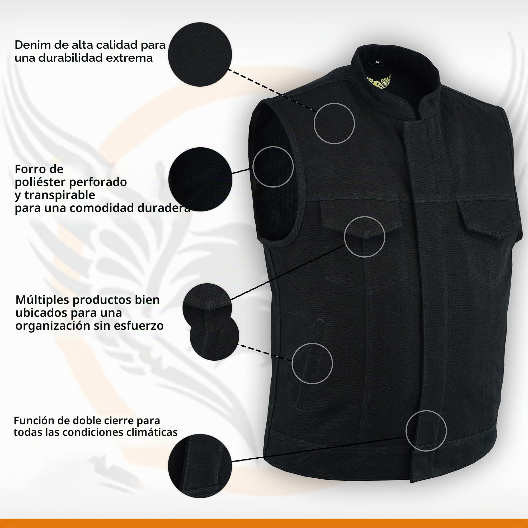Leatherick Chaleco estilo motero sin cuello de mezclilla pesado con ribete de cuero para hombre con bolsillos profundos, estilo SOA