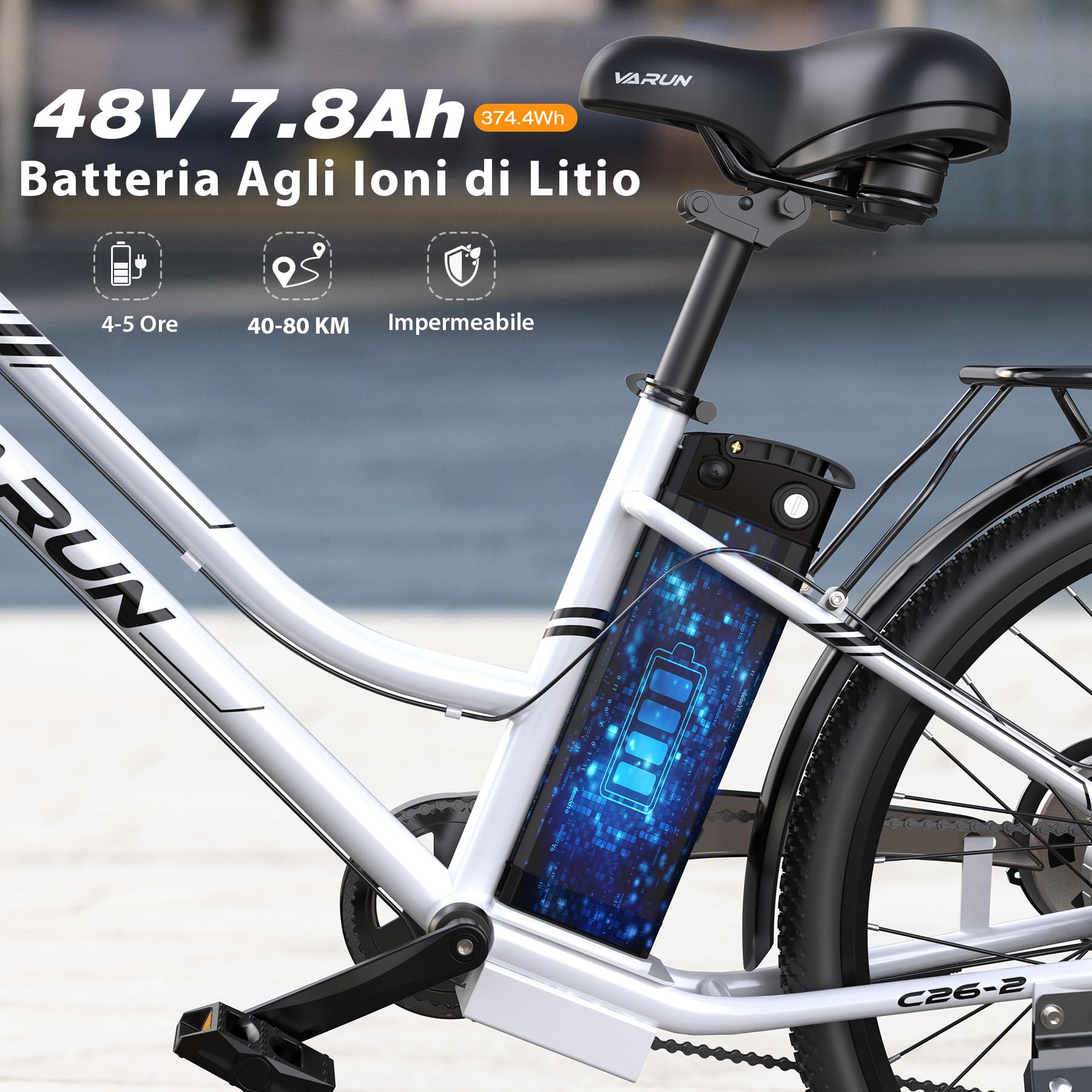 VARUN Bici Elettrica Per Adulti, 26” Bicicletta Elettrica con Cambio a 7 Velocità, Bici Elettrica per Uomo e Donna con Li-Batteria 48V, 250W Motore, Ebike con Autonomia di 80KM