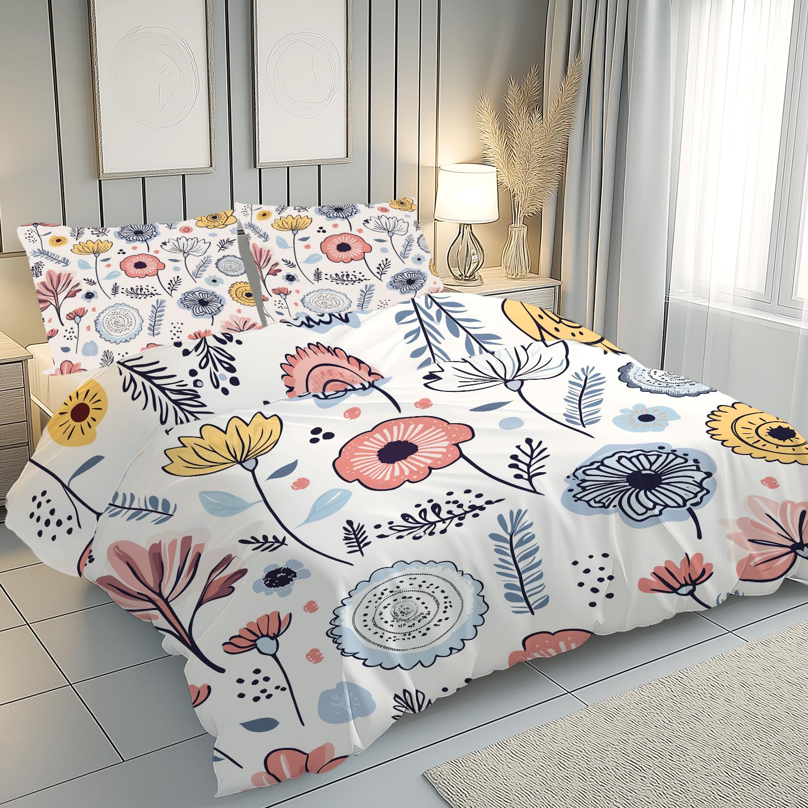 Housse de couette 240x260 microfibre plante bohême avec 2 taies 65x65
