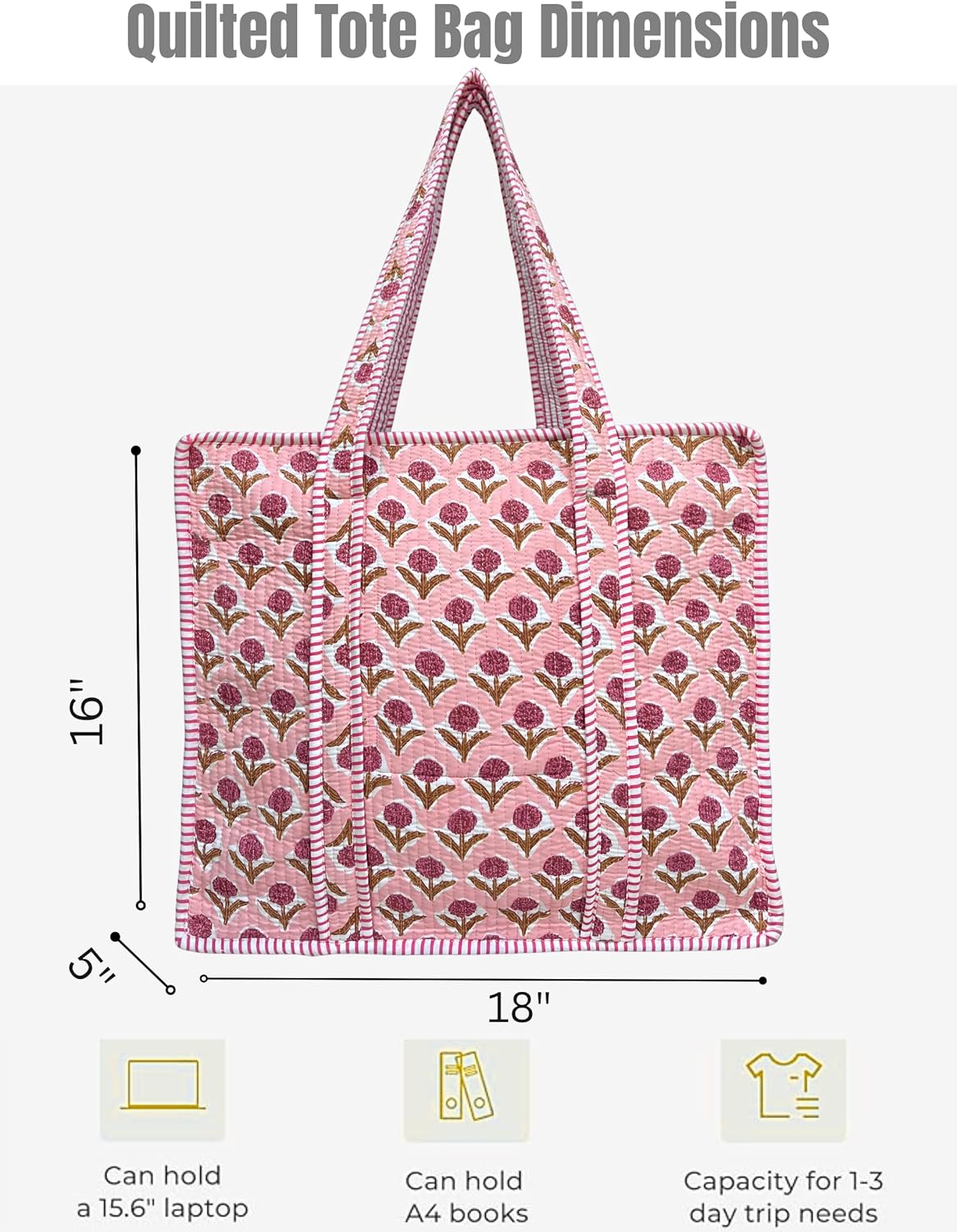 100% Cotton Quilted Tote Bag For Women 18x16– Large Zipper Reusable Beach Bag & Travel Bag Purse