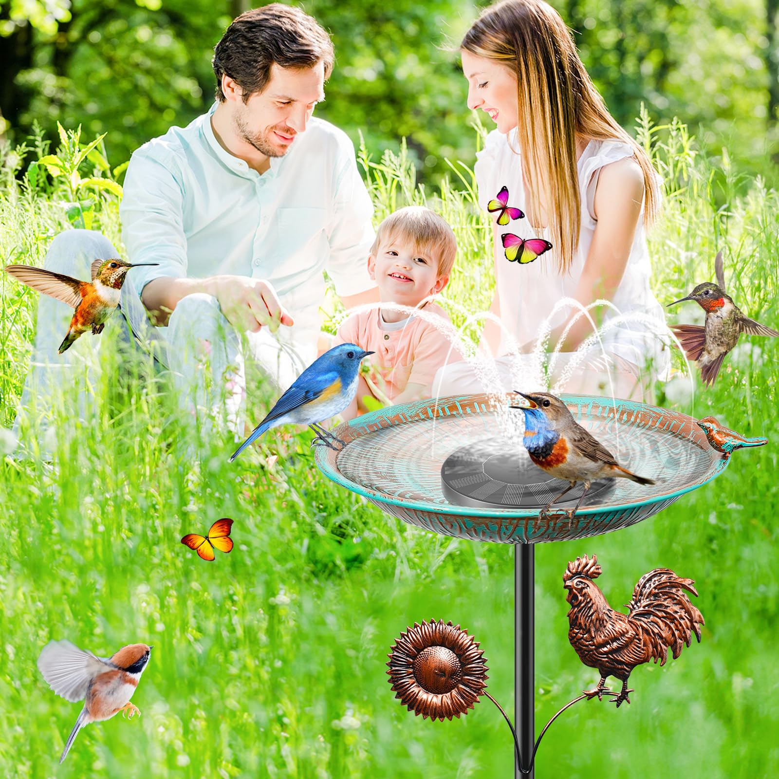 Metall-Vogeltränke für den Außenbereich, Vintage-Vogeltränke mit Abnehmbarer Futterwanne, leicht zu reinigender Vogelfuttertrichter für den Garten Hof und Rasen als Dekoration (Retro Cyan)