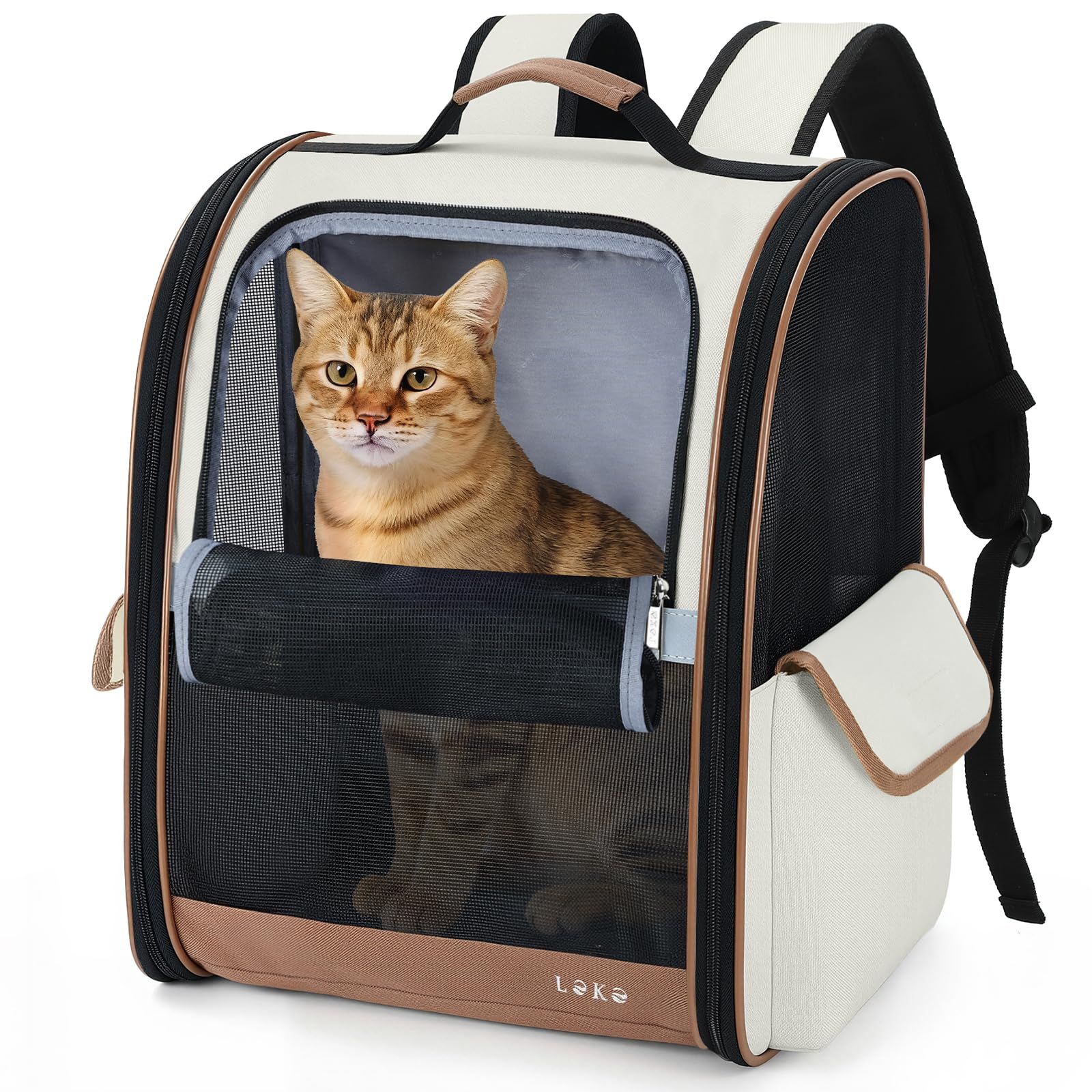 Leksky Zaino per Cani Gatti per Animali Taglia Media/Piccola, Zaino Trasportino Gatto Portatile Pieghevole con Finestra in Rete Fino a 8 kg, Traspirante Zaino Porta Cane per Viaggo Campeggio, Beige L