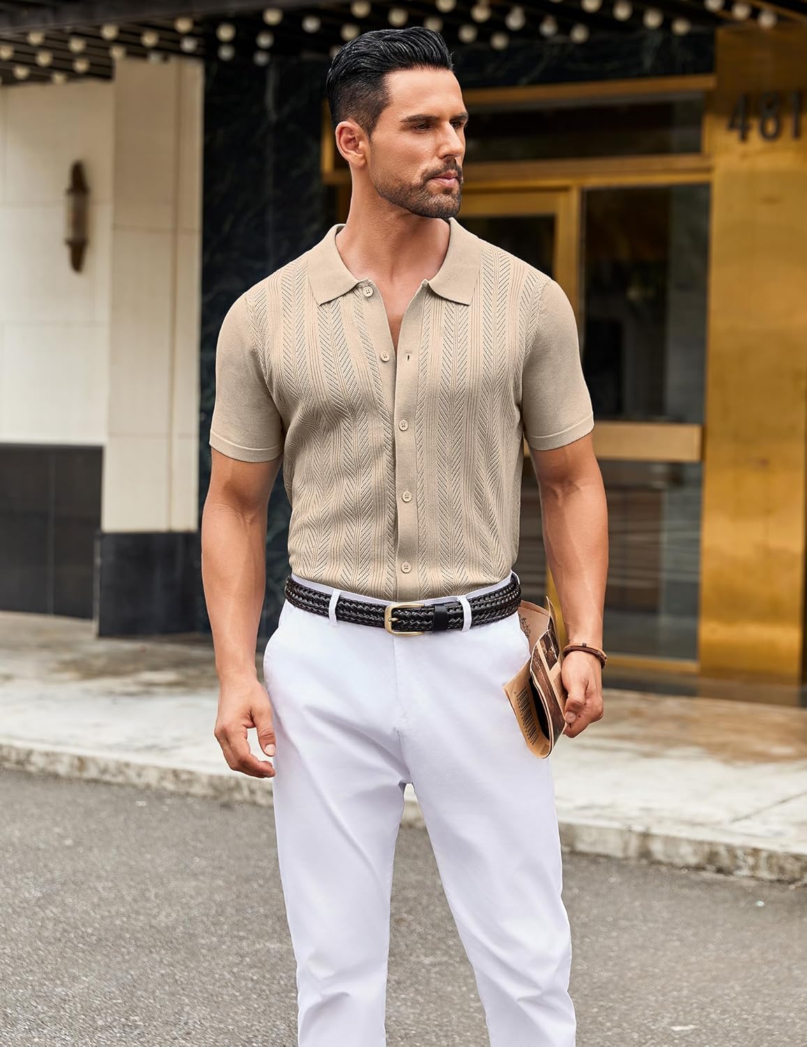 COOFANDY Men's Knit Shirt Short Sleeve Button Down Shirts Vintage Casual Summer Beach Shirts - Image 4