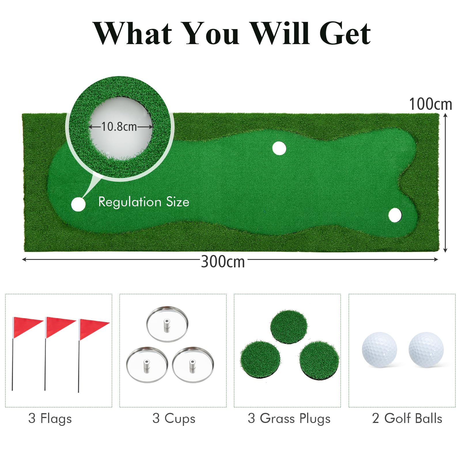LIFEZEAL Alfombrilla de Entrenamiento de Golf, 3x1m, Esterilla Golf Profesional con 2 Pelotas de Golf, Alfombra de práctica con 3 Agujeros, tapete de Golf Plegable para Interior y Exterior