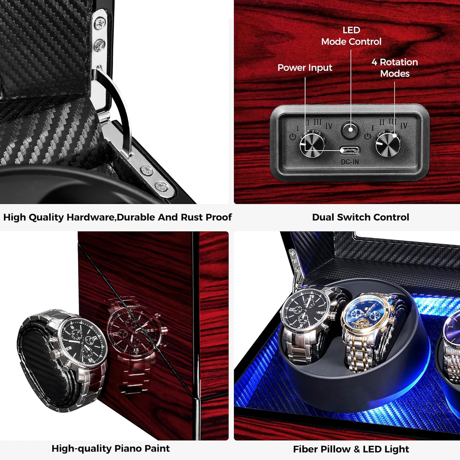 ANWBROAD Watch Winders For Automatic Watche, Automatic Watch Winder Box With Led Light, Watch Turner For Automatic, 4 Watch Rotator And Super Quiet Motor And 4 Rotation Mode, UJWW011Y