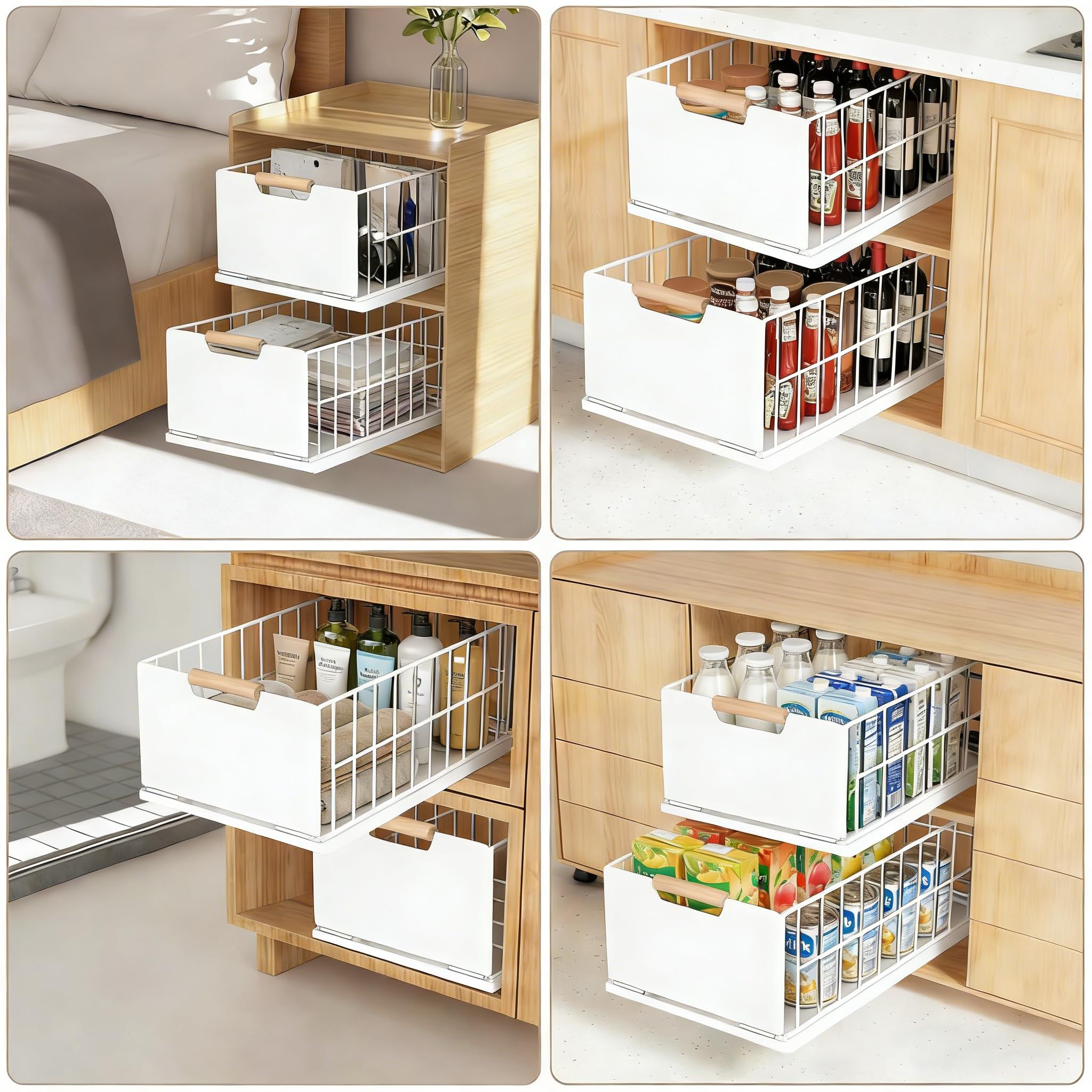 Tiroir coulissant cuisine, Organiseur de tiroirs profonds avec glissières de tiroir et poignée en bois, Télescopique à tirer en métal pour armoires de cuisine Organiseur - 40x25×18CM