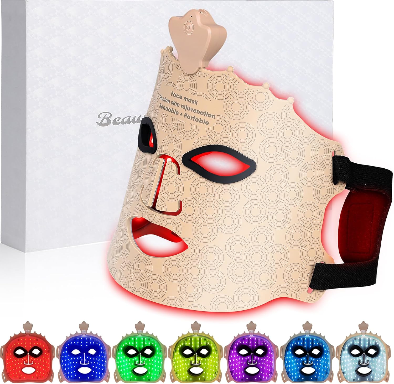 Cordless Red Light Therapy for Face, 7 Color Near-Infrared Led Light Mask Portable Rechargeable, Skincare Home & Travel Use