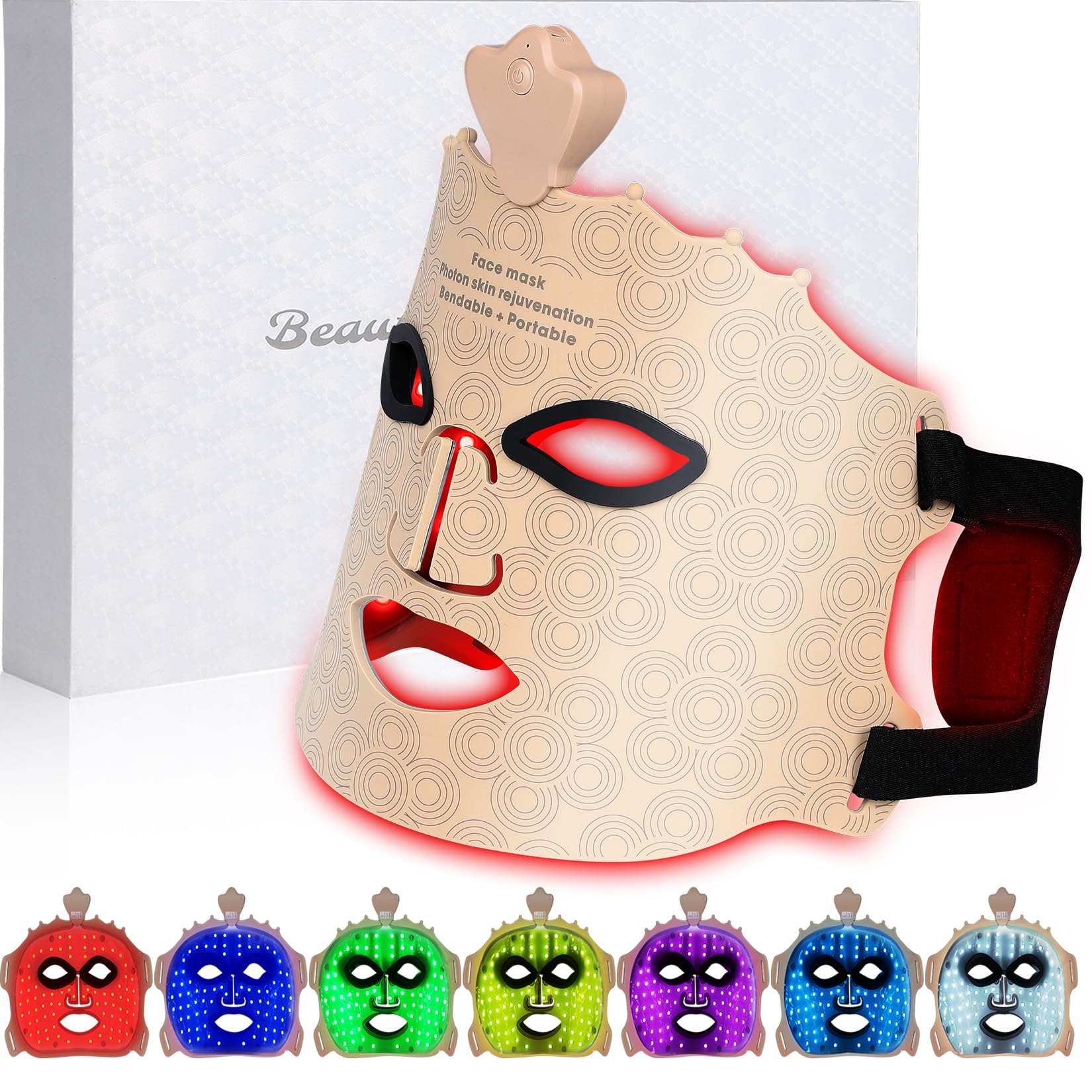 Cordless Red Infrared Light Therapy for Face Mask 7 Colors Portable and Rechargeable LED Light Therapy Facial Beauty