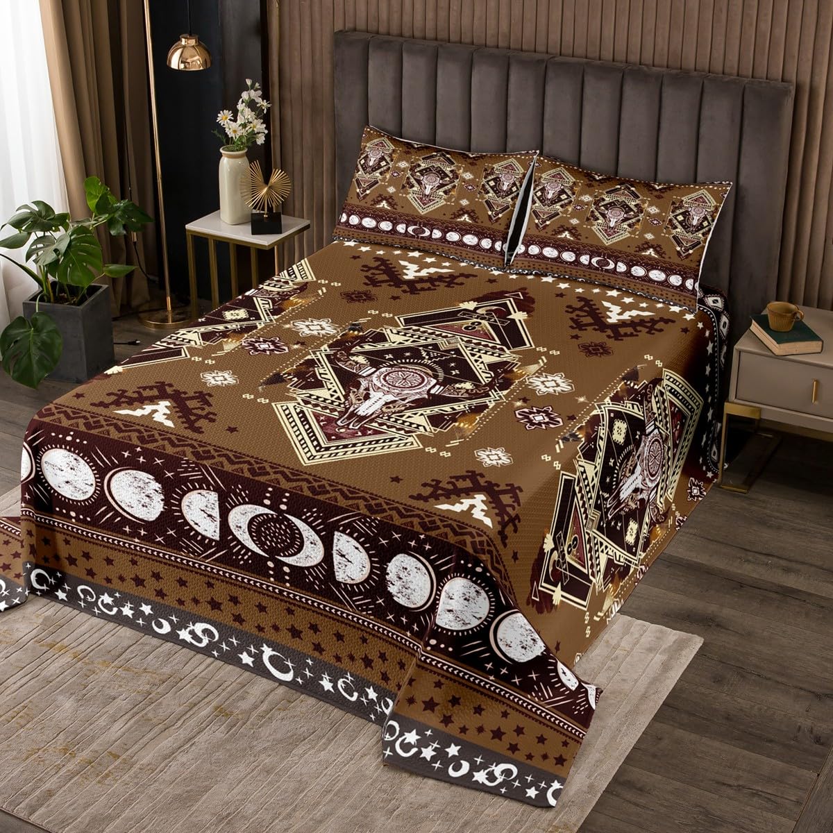Manfei Rustikale Kuh Schädel Tagesdecke Western Cowboy Bettwäsche Set M Brown Aztec Tribal Coverlet Quilt