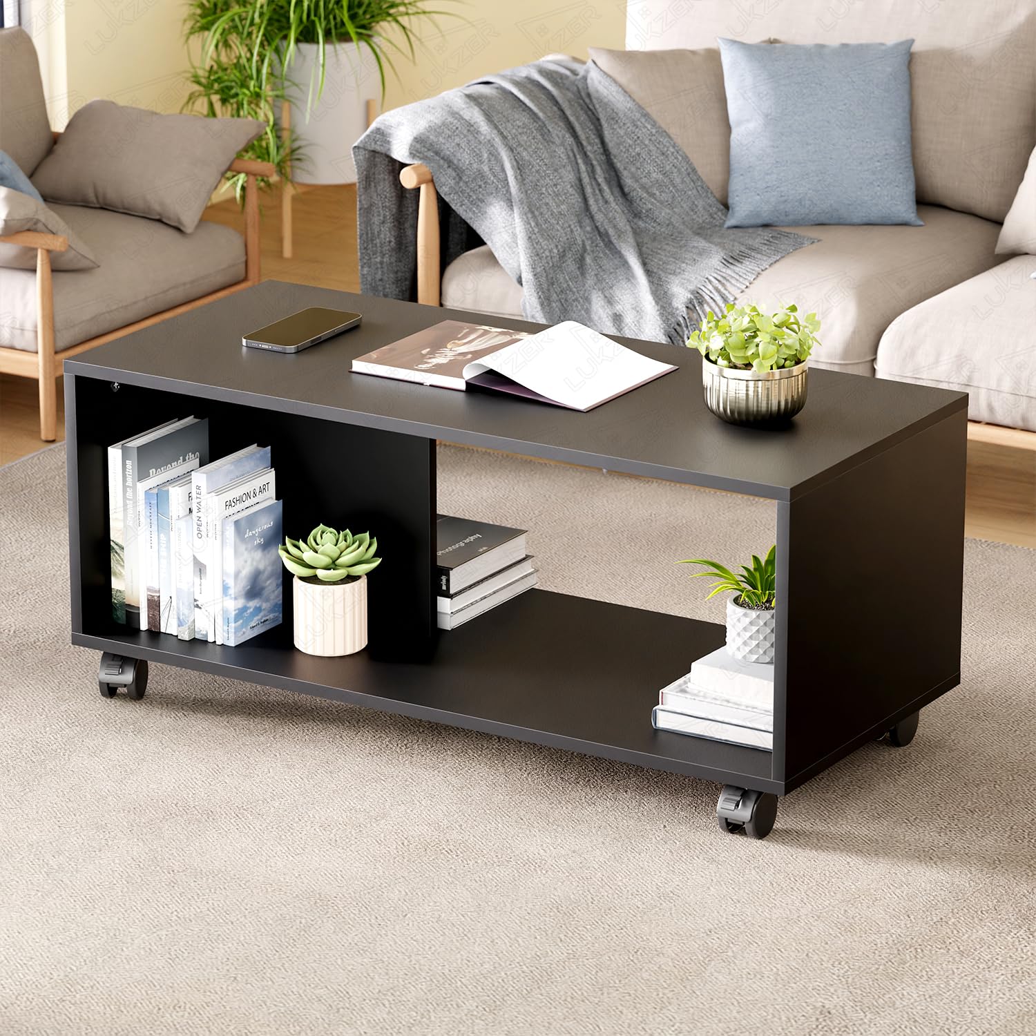 Lukzer Engineered Wood Center Table with Wheels | CT-003/Black | Open Rack Storage Organizing Desk Bed Side Display Stand Fashionable Furniture Rolling Coffee Tea Table DIY (80X40X40 Cm)