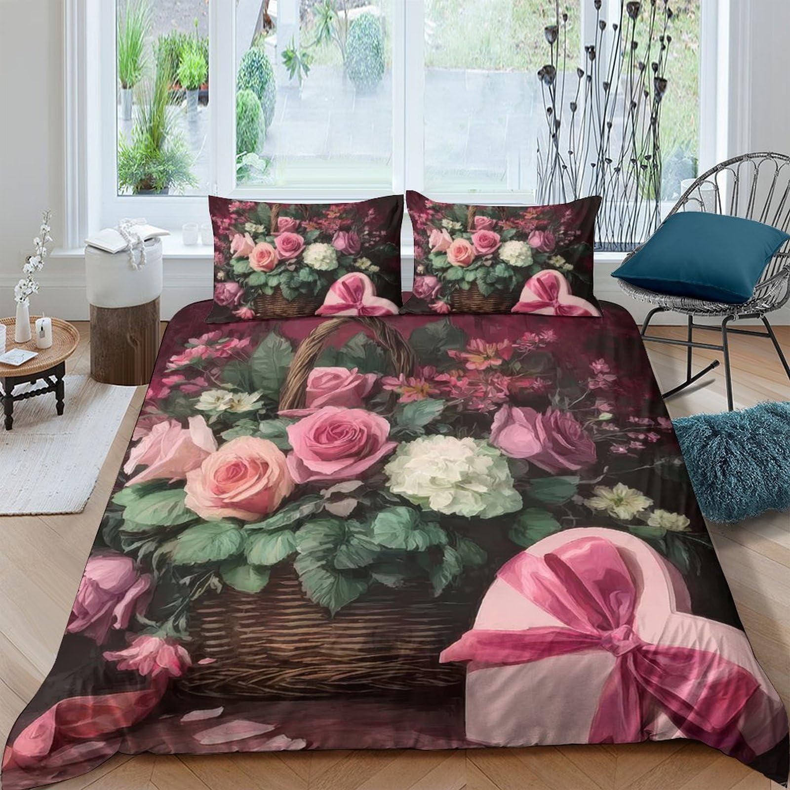 Housse de Couette Microfibre de Qualité Supérieure Motif Floral 3D Élégant Rose