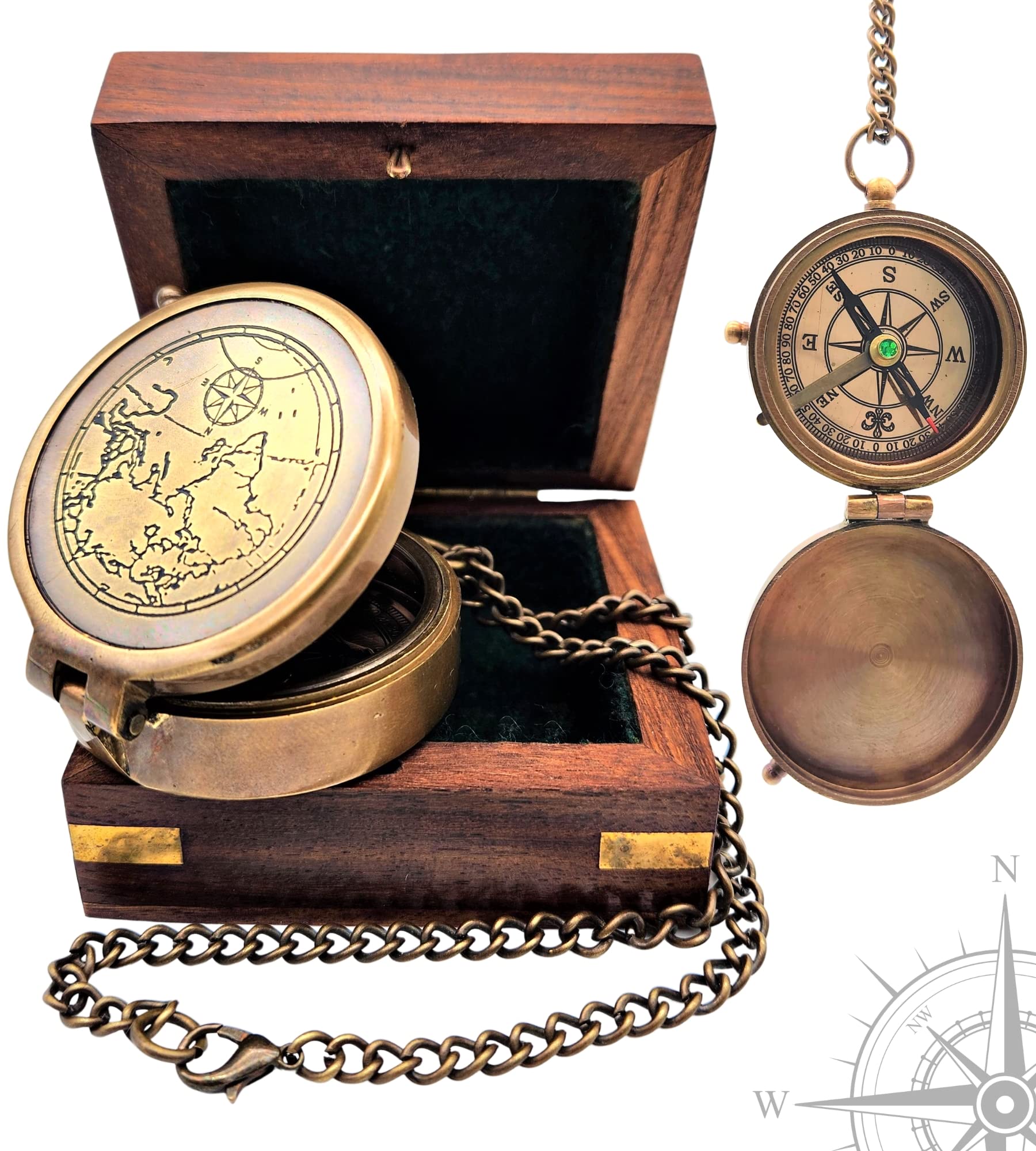 CarfarNautical Compass World MAP Engraved Solid Brass Navigational Vintage Marine Compass with Wooden Box