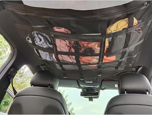 LANZMYAN Bolsillo de red de carga para techo de automóvil, fortalece la carga, ajustable, de doble capa, organizador de red de carga para techo con