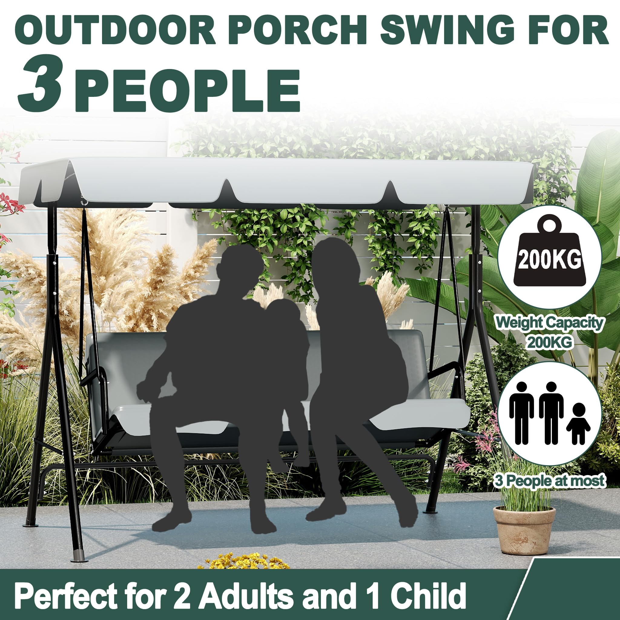 Aufun Hollywoodschaukel 3-Sitzer, Familienzeit mit Leichtigkeit, Gartenschaukel mit verstellbarem Sonnendach & Gestell & Gepolsterte Sitzauflage, Belastbar bis 200 kg (176 x 110 x 152 cm, Anthrazit)