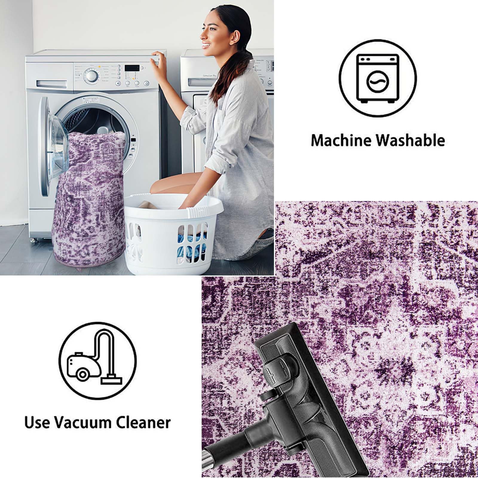 Washable Living Room Rug 6X9,Purple Bohemian Area Rug Vintage Large Bedroom Rug Non-Slip Non-Shedding Indoor Carpet for Dining Room Apartment Proch Dorm