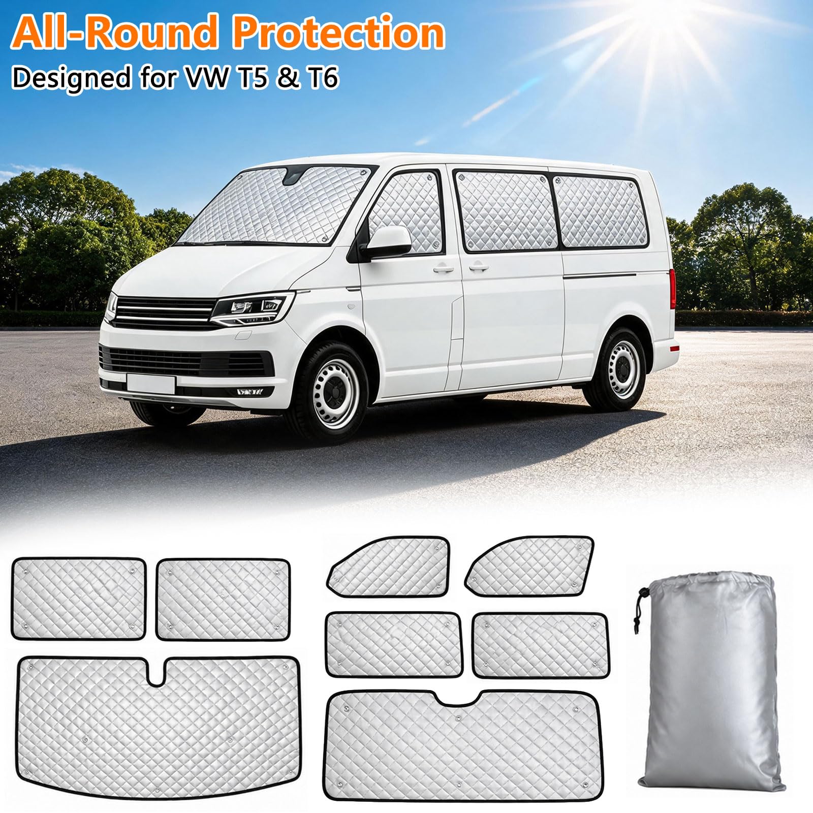 Zasłony przeciwsłoneczne, kompatybilne z VW LWB T5/T6 (8 sztuk)